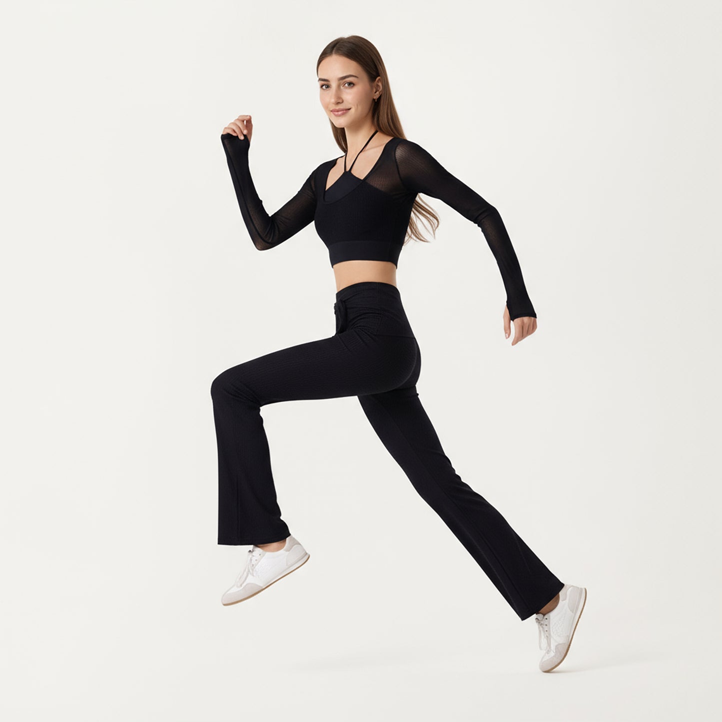 Anna-Kaci Active Women's Ribbed Knit Flare Pants with Wrap Tie Waistband and High Waist Silhouette