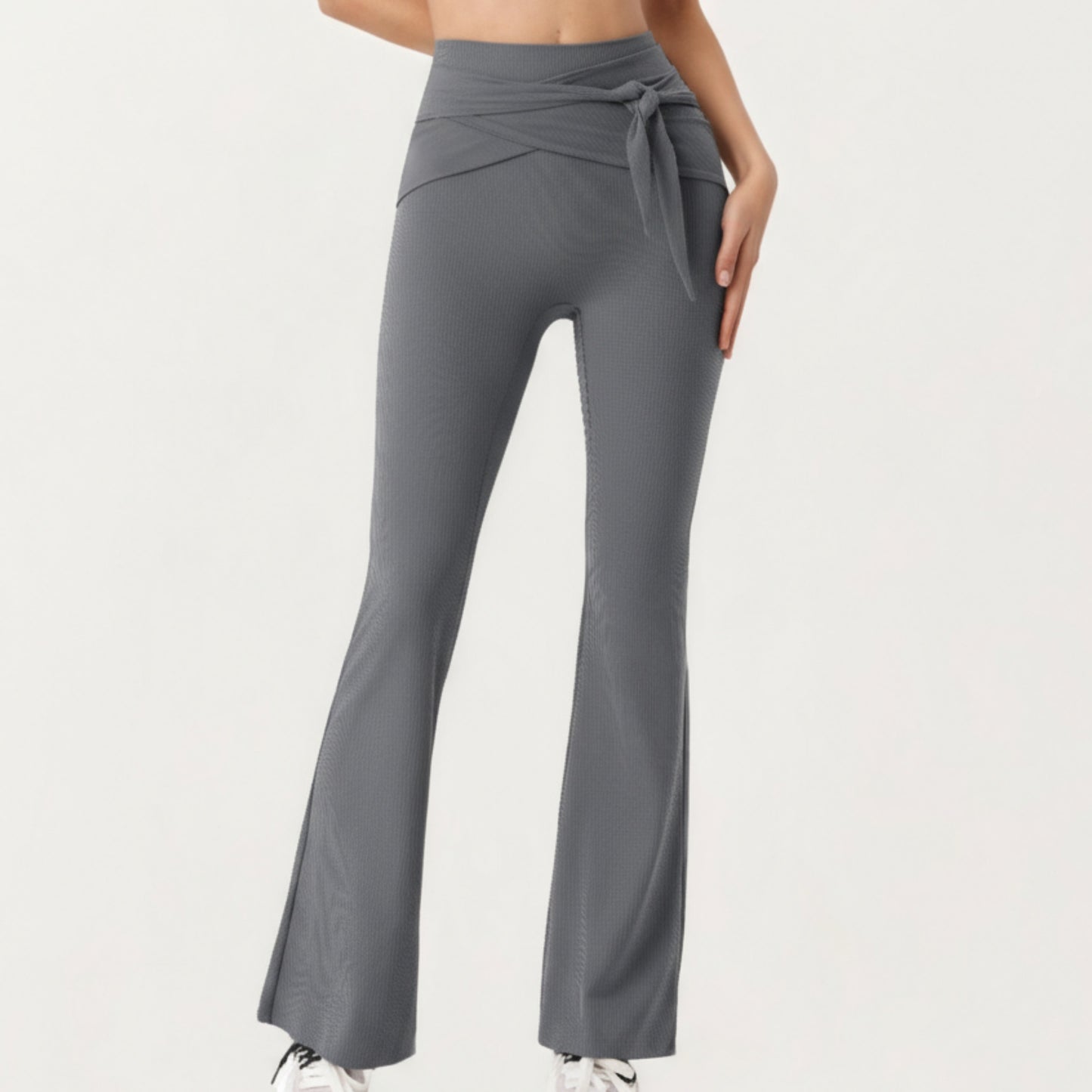 Anna-Kaci Active Women's Ribbed Knit Flare Pants with Wrap Tie Waistband and High Waist Silhouette