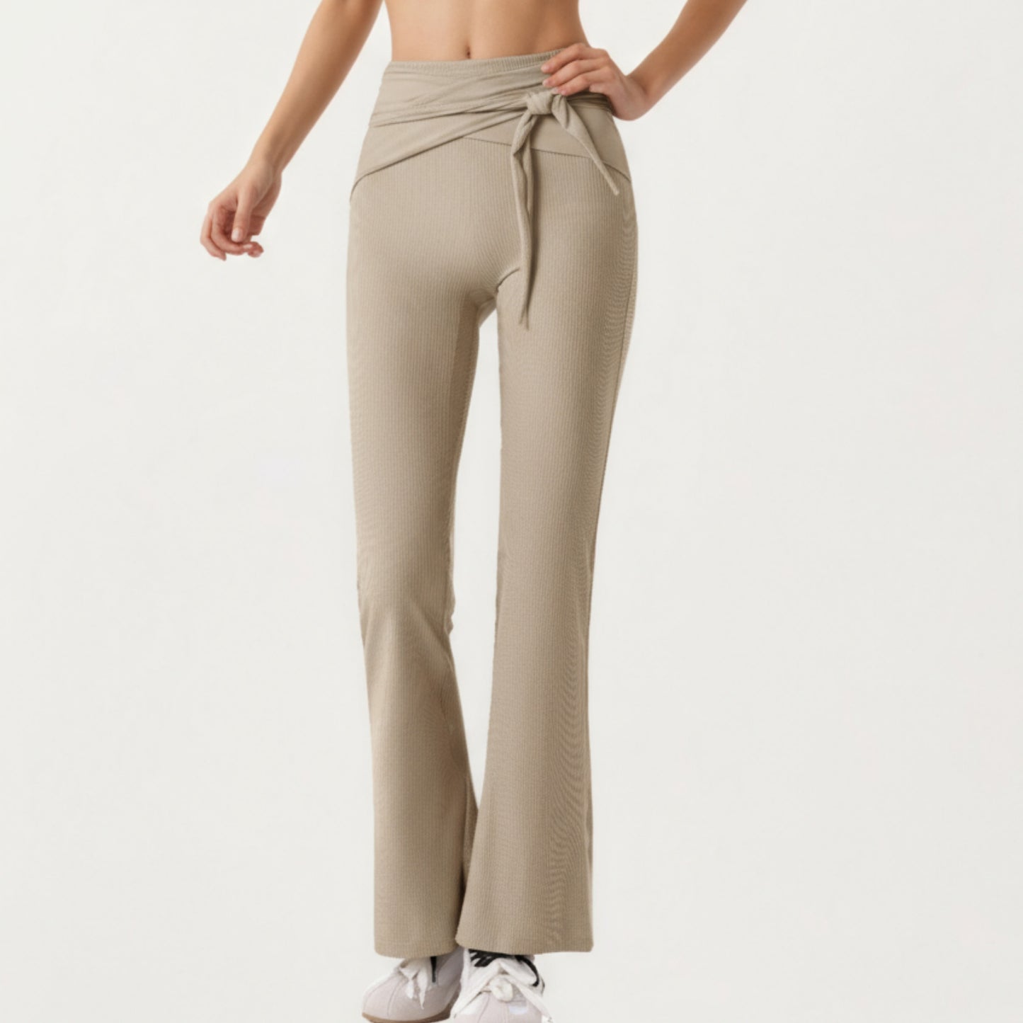 Anna-Kaci Active Women's Ribbed Knit Flare Pants with Wrap Tie Waistband and High Waist Silhouette