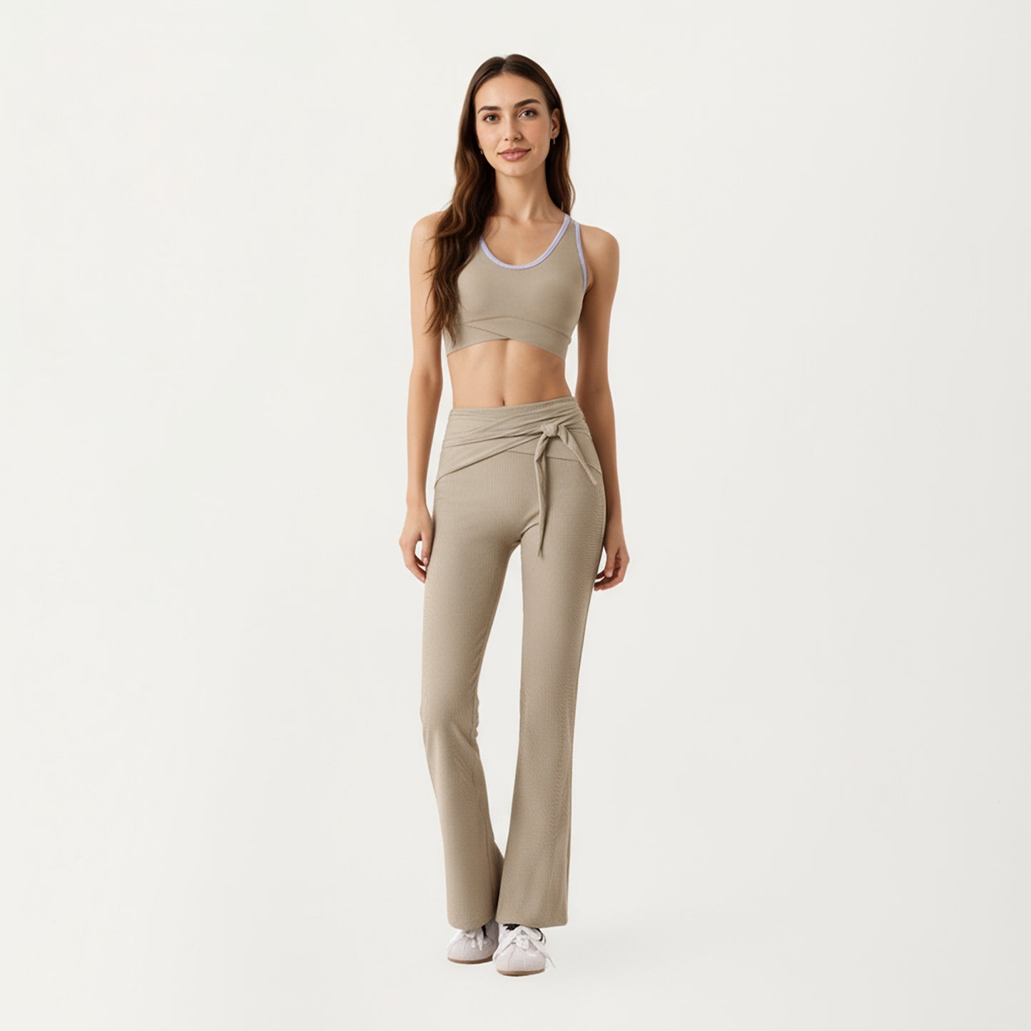Anna-Kaci Active Women's Ribbed Knit Flare Pants with Wrap Tie Waistband and High Waist Silhouette