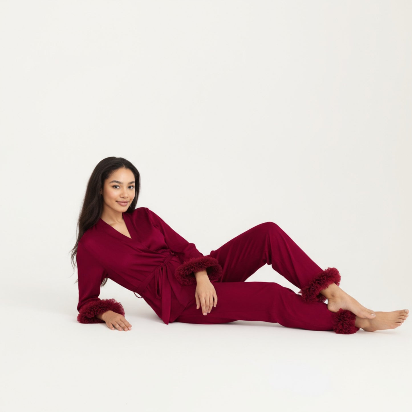 Anna-Kaci Women's 2-Piece Set Satin Wrap Top with Feather Trim Cuffs and Matching Straight-Leg Pants