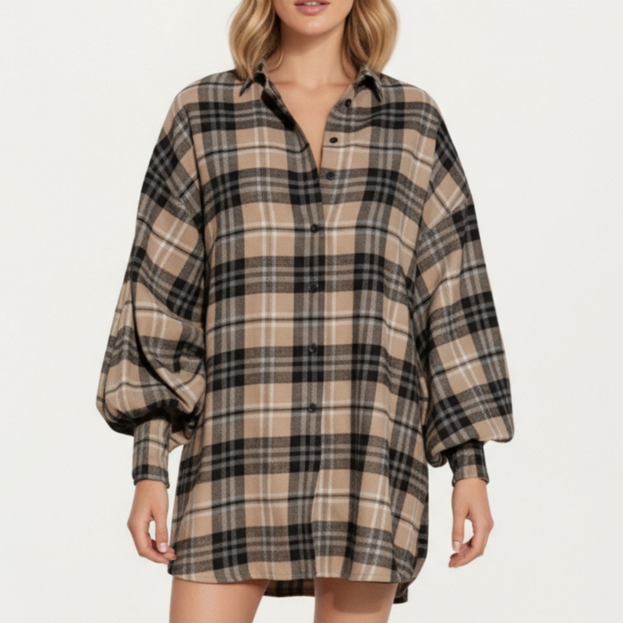 Anna-Kaci Women's Oversized Plaid Shirt Dress with Long Balloon Sleeves Button Front Collar Detail and Soft Draping Silhouette