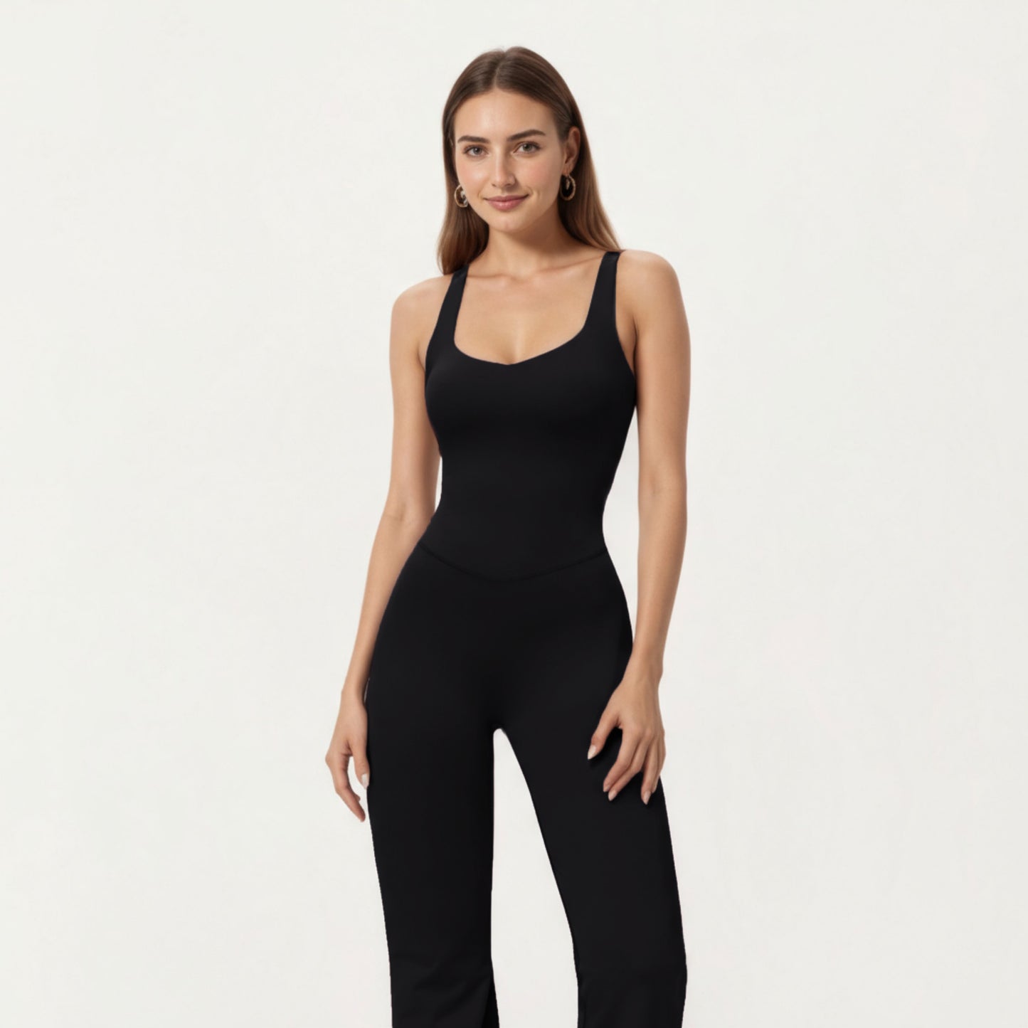 Anna-Kaci Active Women's Scoop Neck Flare Leg One-Piece Activewear Jumpsuit with Contoured Fit and Smooth Stretch Fabric for Streamlined Comfort