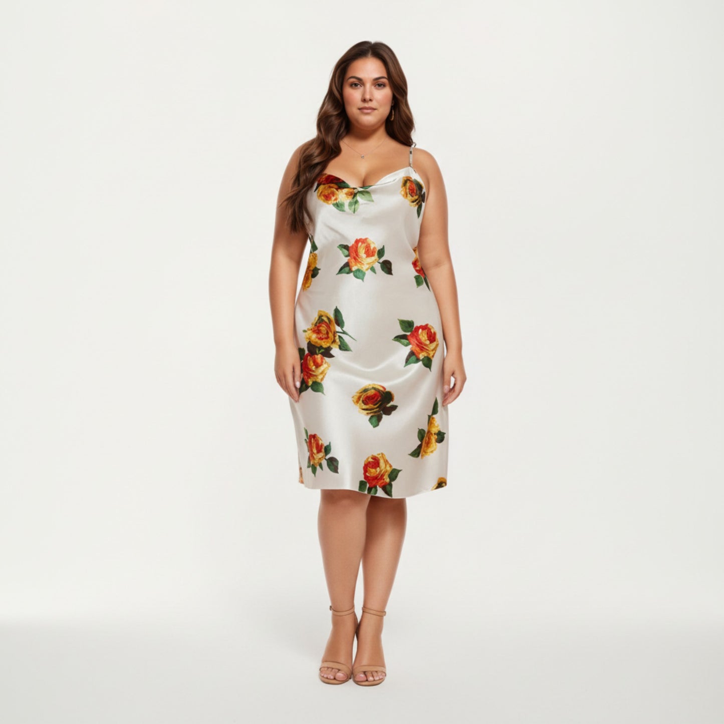 Anna-Kaci Lounge Women' s Satin Slip Dress with Floral Rose Pattern Draped Neckline Sheen Fabric and Soft Body-Skimming Silhouette