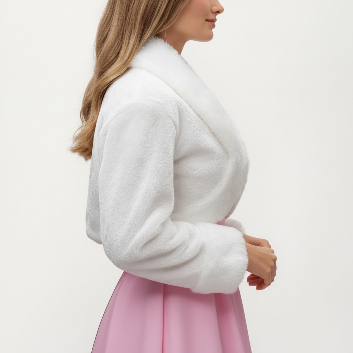 Anna-Kaci Women's Faux Fur Trim Cropped Jacket with Plush Shawl Collar Soft Textured Long Sleeves and Clean Open Front 19in