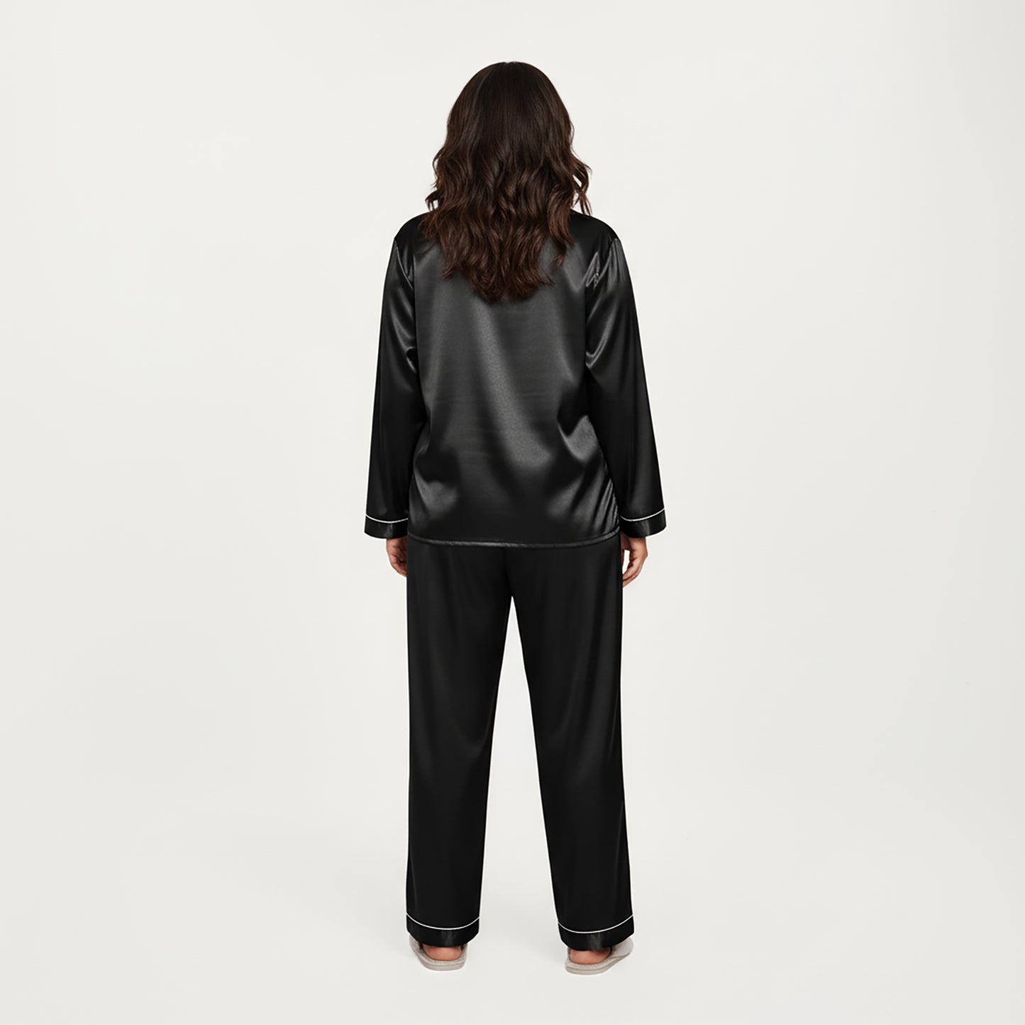 Anna-Kaci Lounge Women's PLus Size 2-Piece Set Satin Button-Up Pajama Top and Relaxed Fit Pants with Contrast Piping Trim