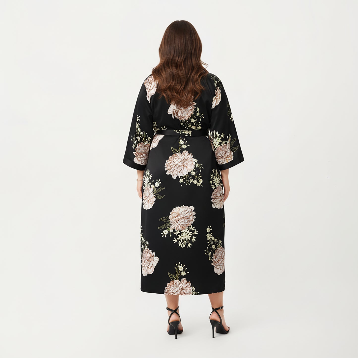 Anna-Kaci Lounge Women's PLus Size Floral Satin Long Robe with Contrast Trim, Wrap Front Silhouette and Waist Tie Belt