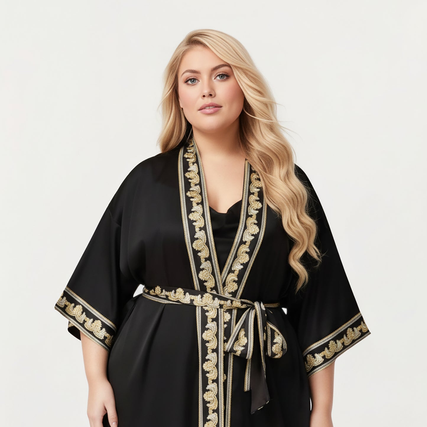 Anna-Kaci Lounge Women's Plus Size Long Robe with Decorative Trim Detailing and Soft Flowing Fabric