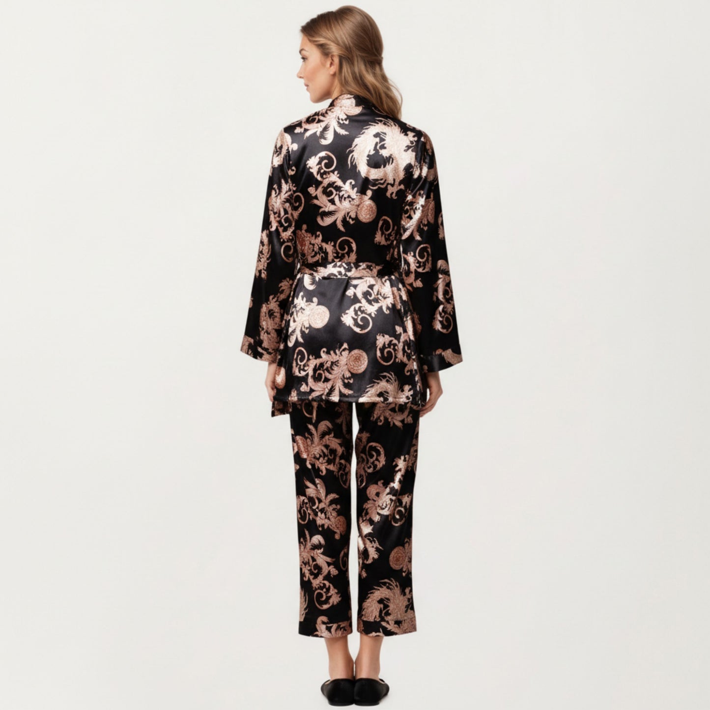 Anna-Kaci Lounge Women's 3-Piece Set Satin Baroque Print Pajama Cami with Matching Robe and Relaxed Straight-Leg Pants