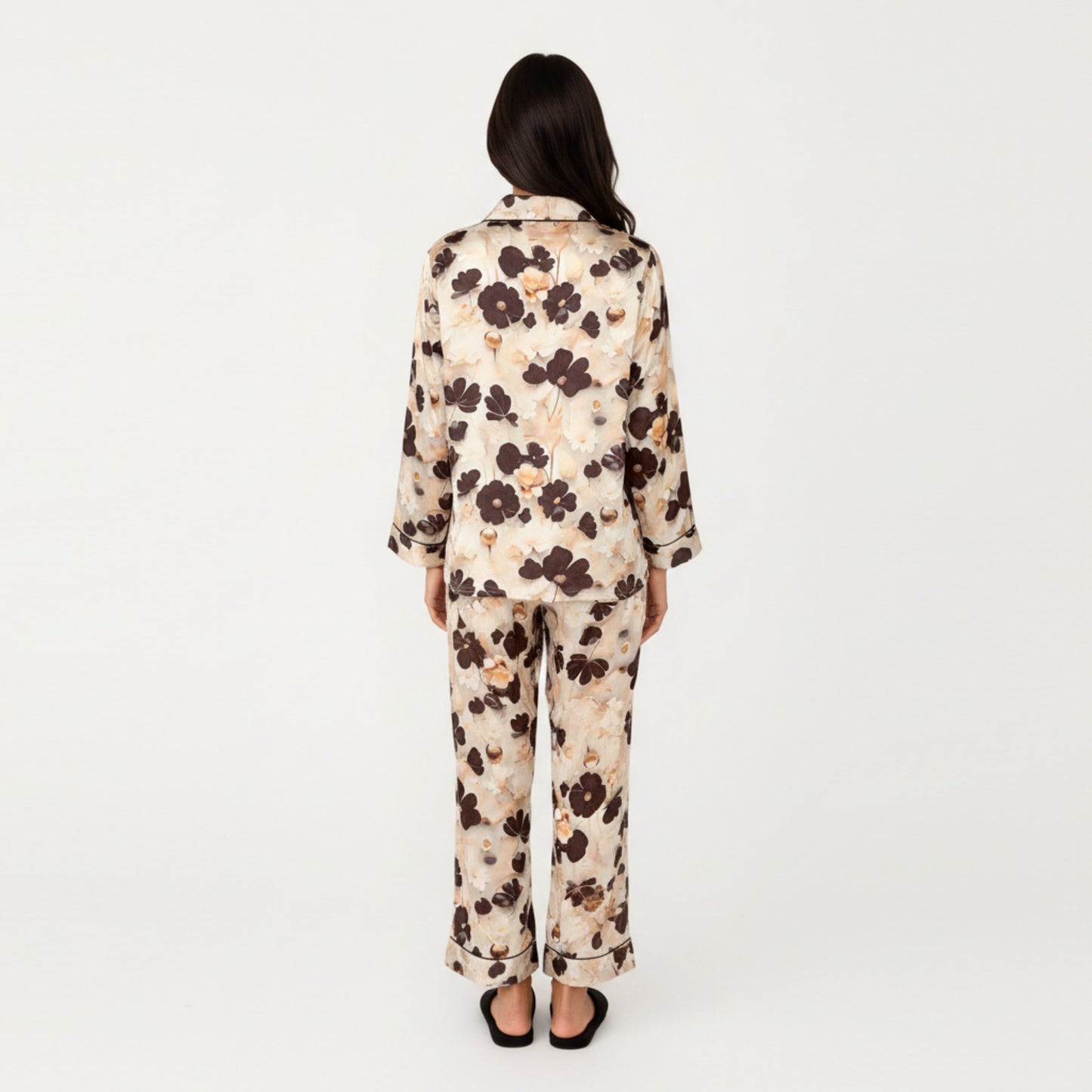 Anna-Kaci Lounge Women's 2-Piece Set Floral Satin Button Front Pajama Top with Contrast Piping and Elastic Waist Pants