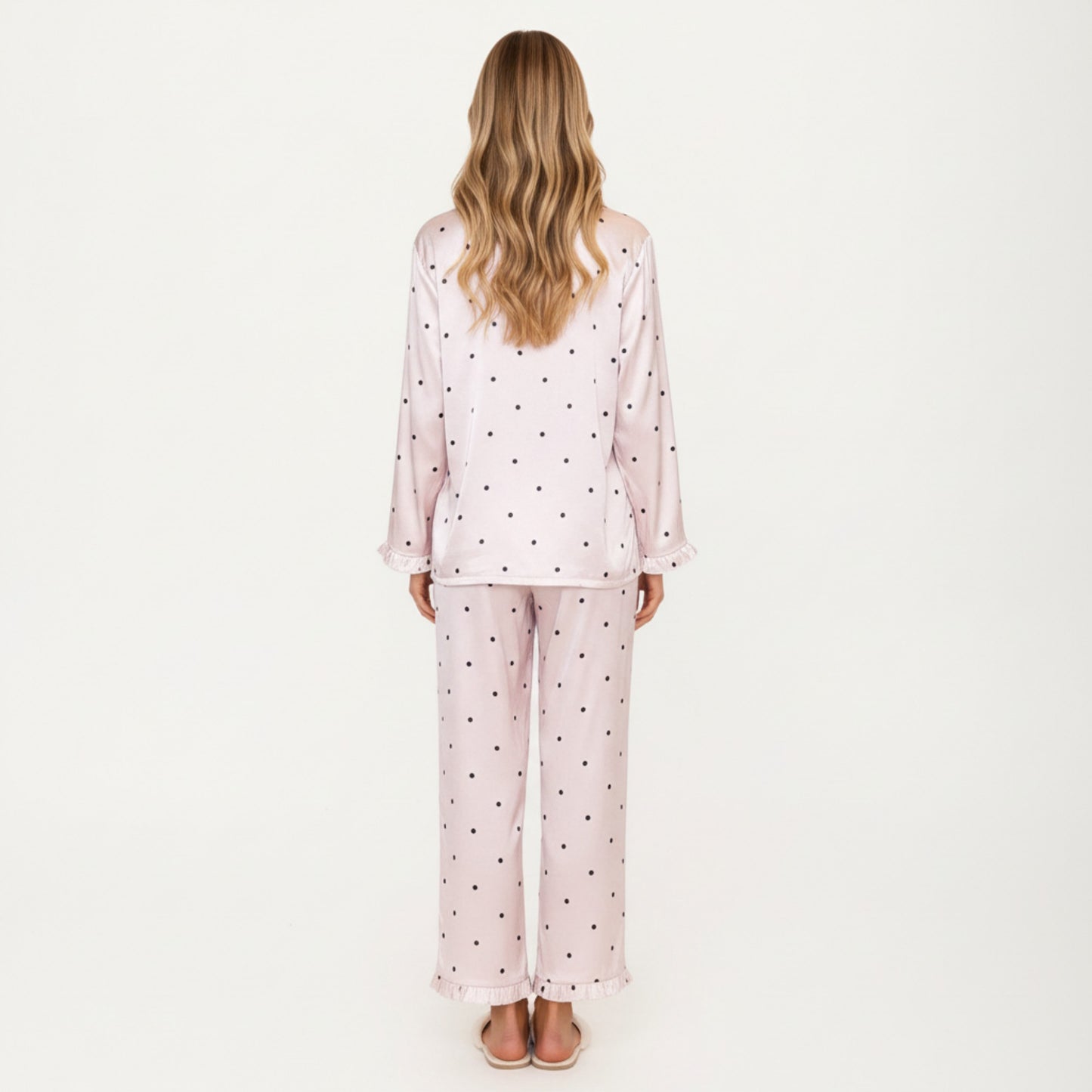 Anna-Kaci Lounge Women's 2-Piece Set Polka Dot Satin Button Front Pajama Top with Ruffle Trim and Matching Relaxed Fit Lounge Pants