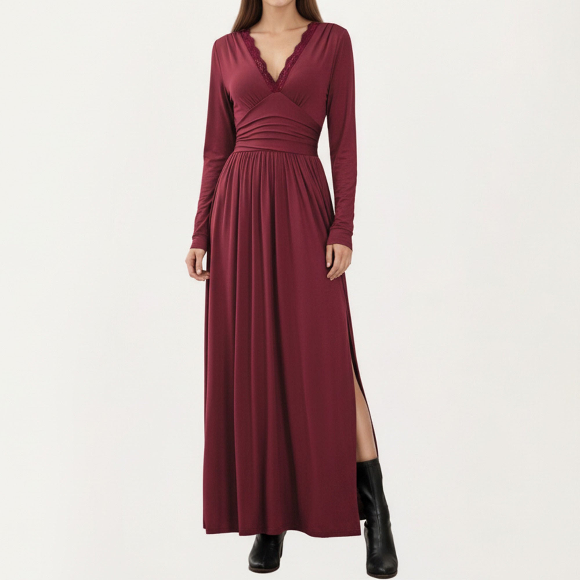 Anna-Kaci Womens V-Neck Long Sleeve Maxi Dress with Lace Detail and