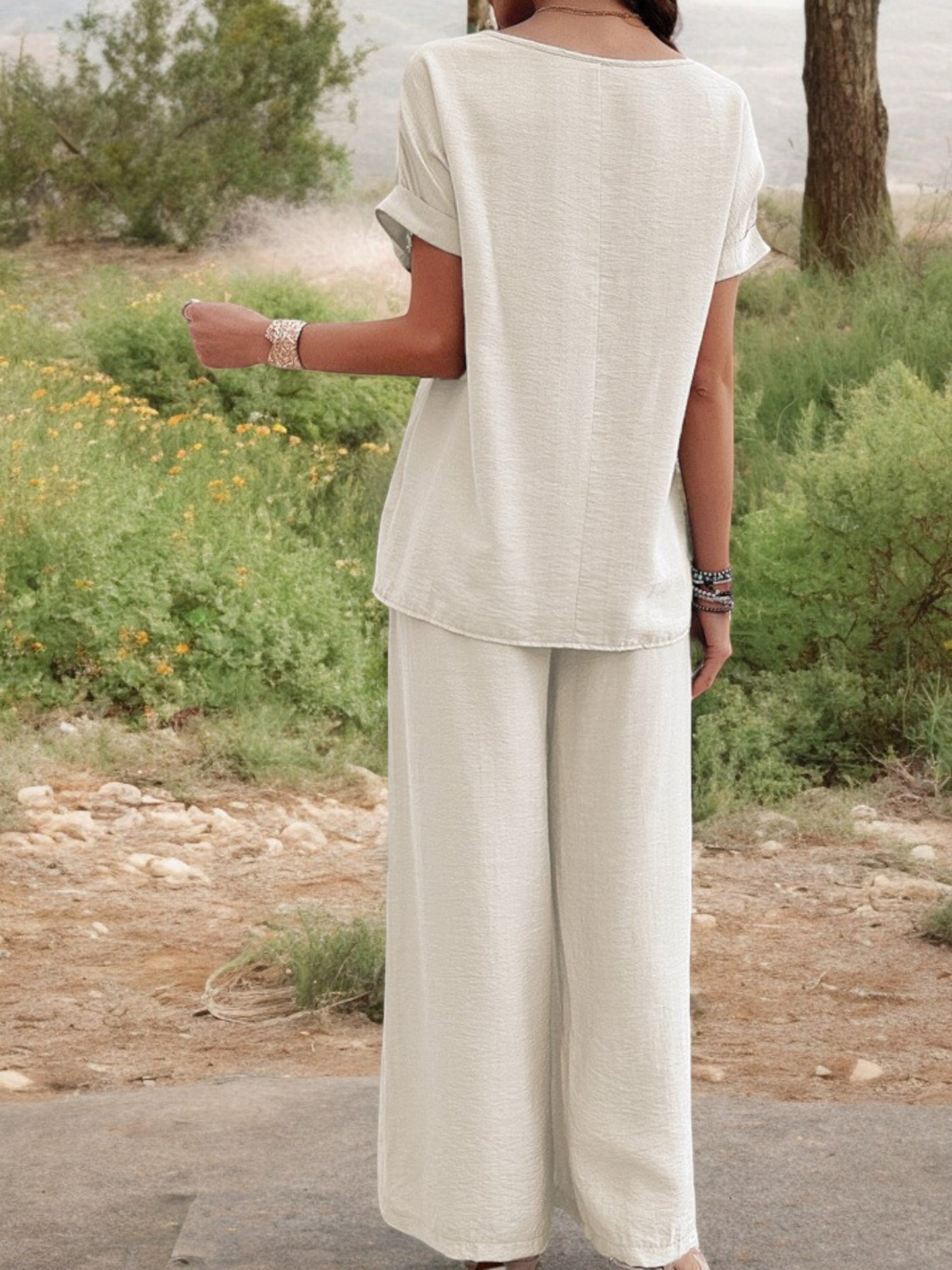 Conjunto de dos piezas para mujer Anna-Kaci con top con detalle bordado y pantalones de pierna ancha