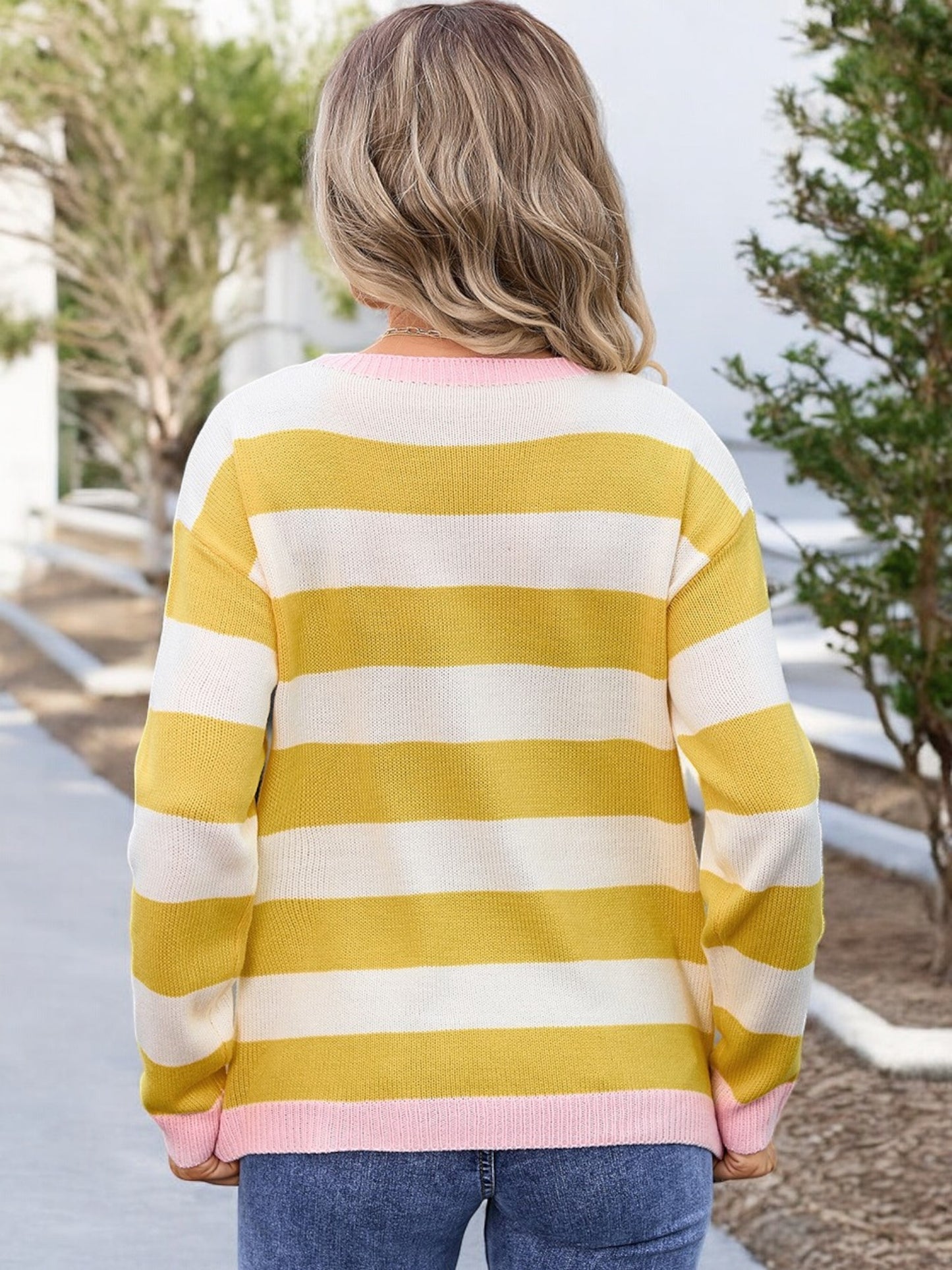 Anna-Kaci Women's Long Sleeve Striped Knit Sweater with Ribbed Cuffs and Hem