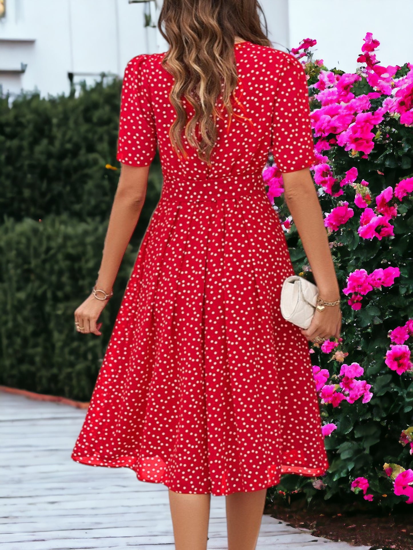 Printed Round Neck Short Sleeved Waist Tie Dress