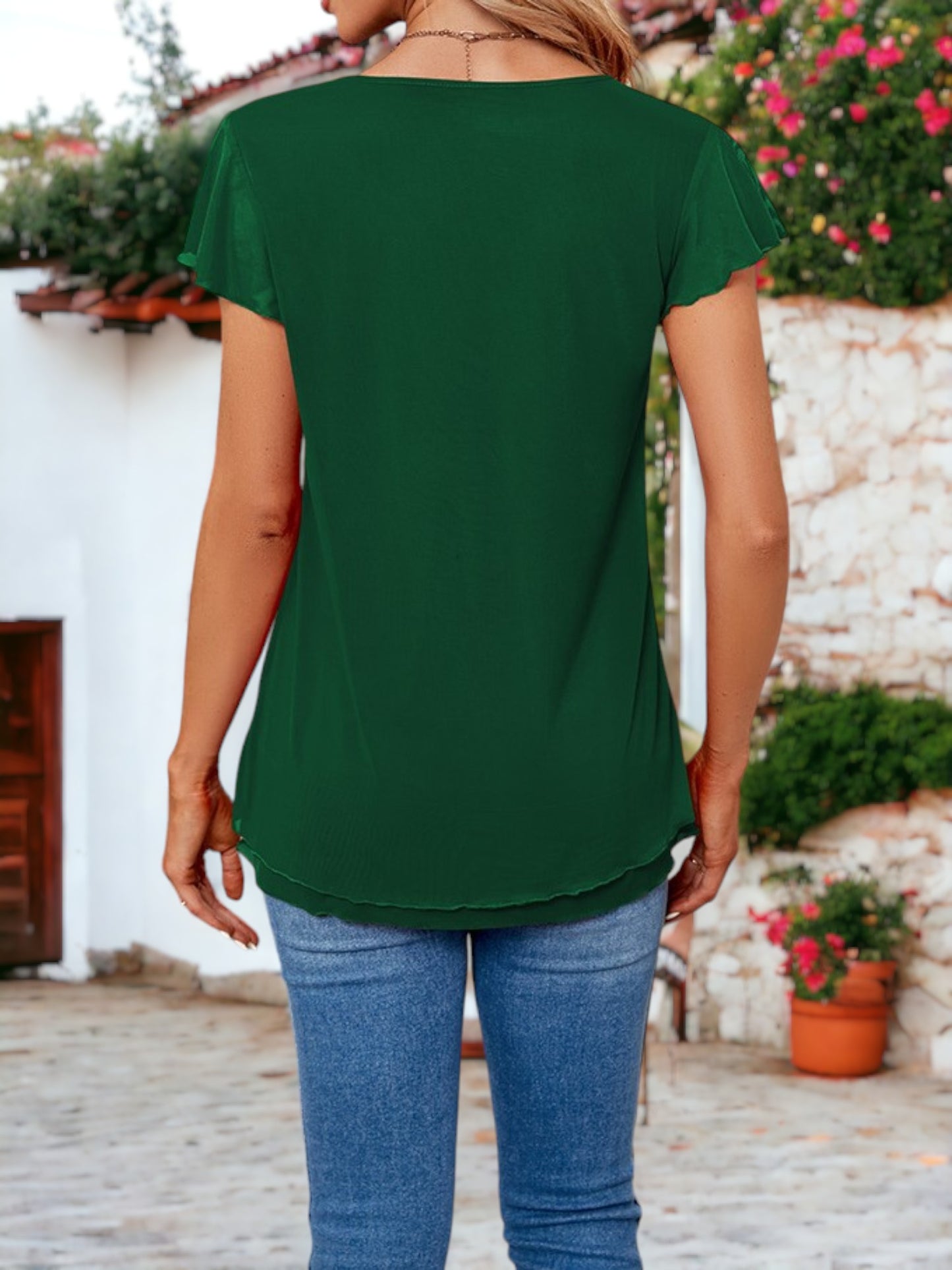 V-Neck Flutter Sleeved Two Layer Mesh Detail Blouse