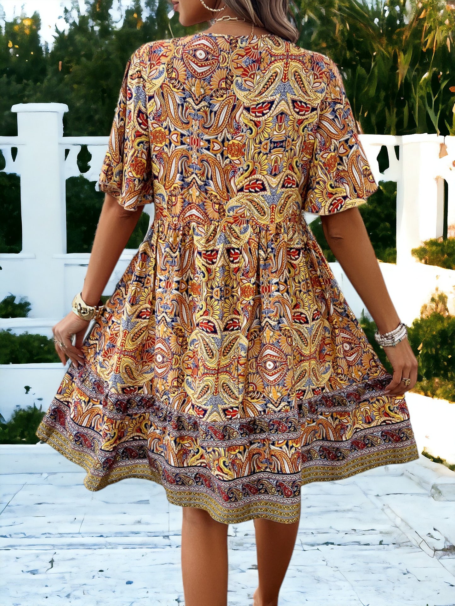 Fashion V Neck Printed Casual Dress