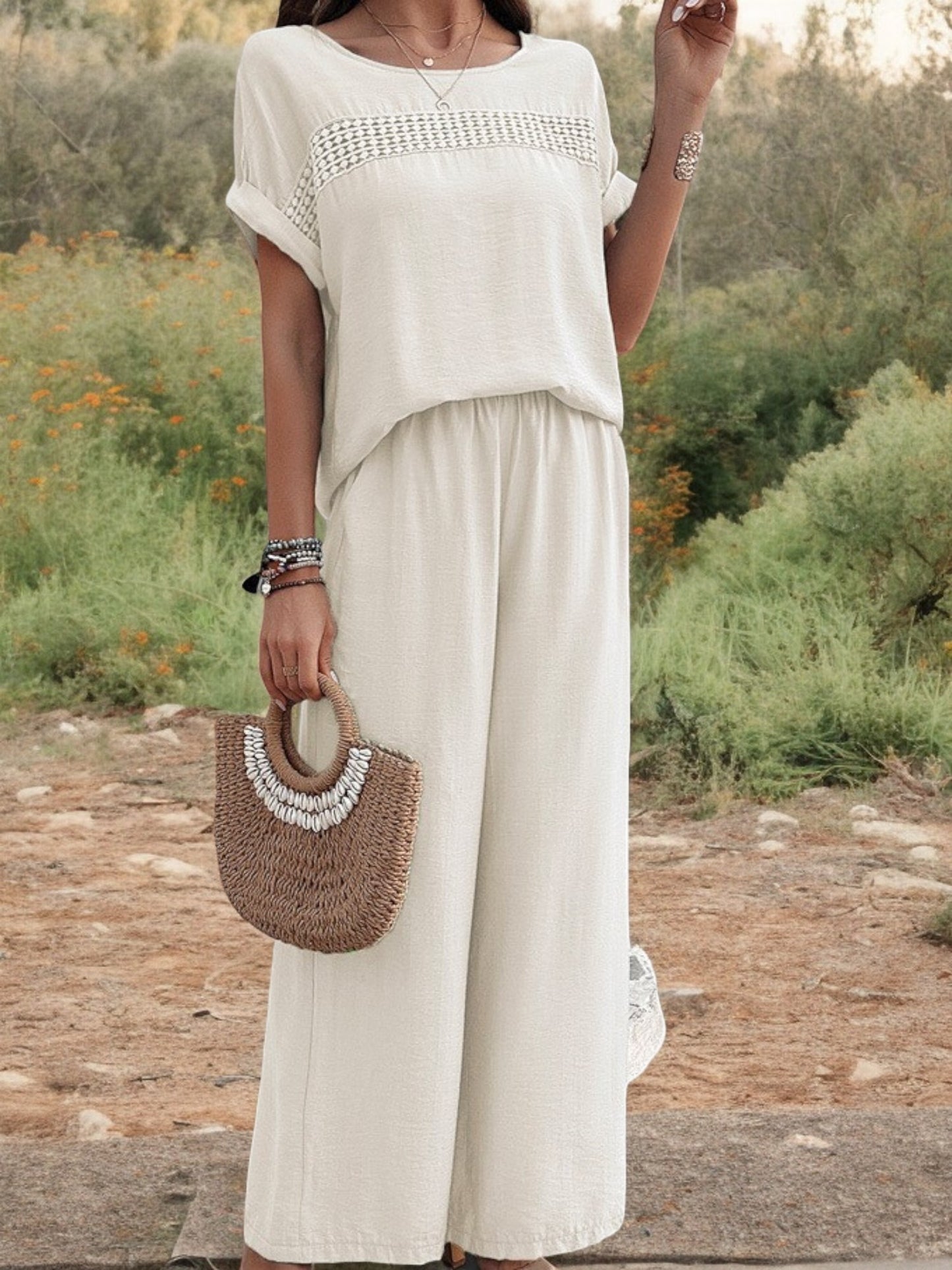 Conjunto de dos piezas para mujer Anna-Kaci con top con detalle bordado y pantalones de pierna ancha