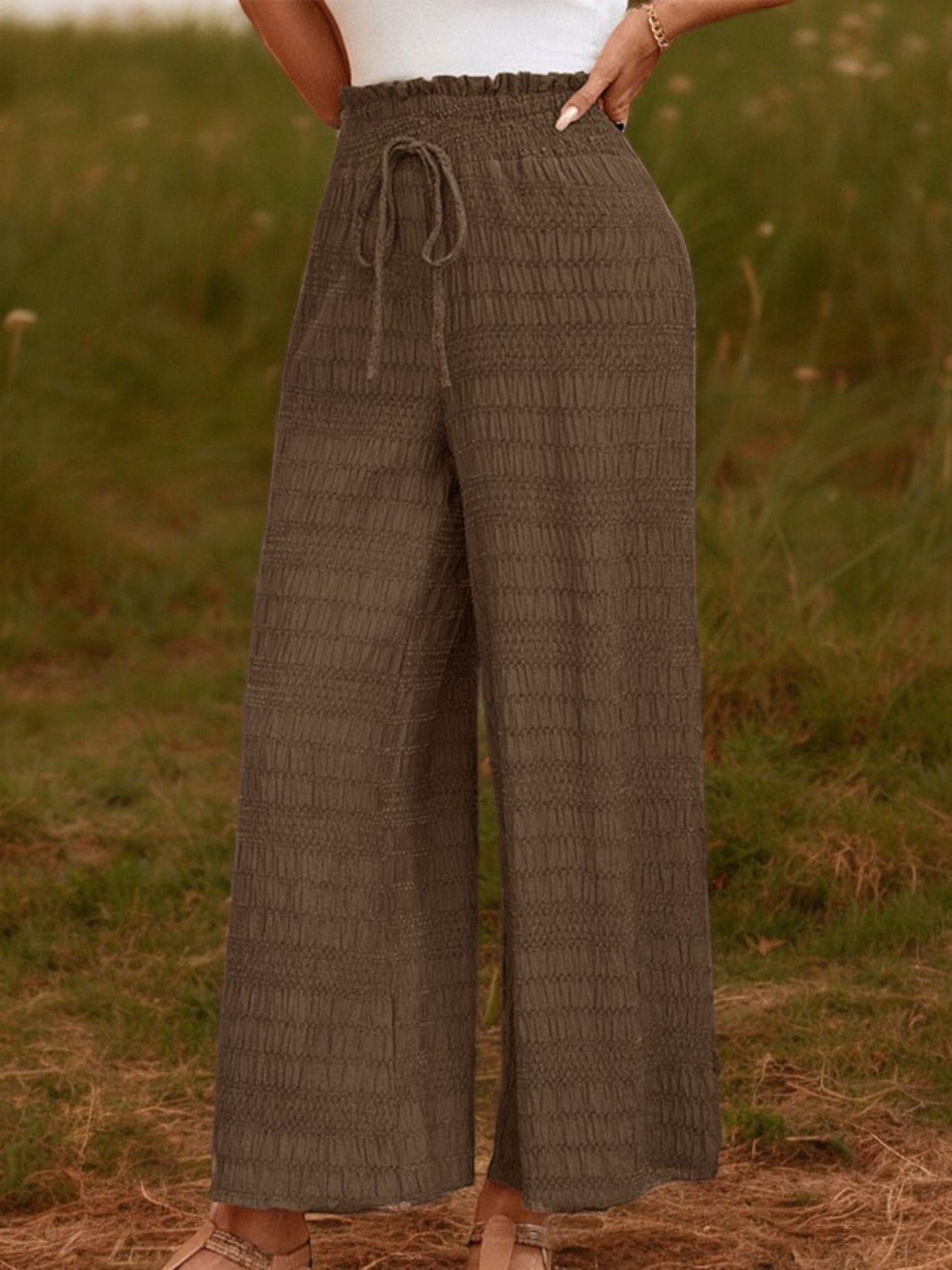 Pantalones casuales de pierna ancha y cintura alta con frunces para mujer de Anna-Kaci