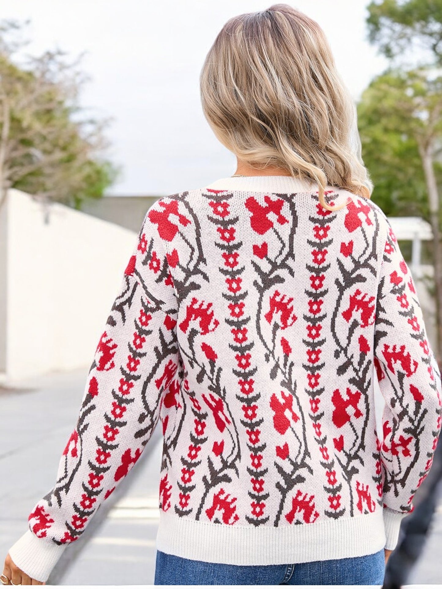 Anna-Kaci Women's Floral Knit Sweater with Crew Neck and Long Sleeves