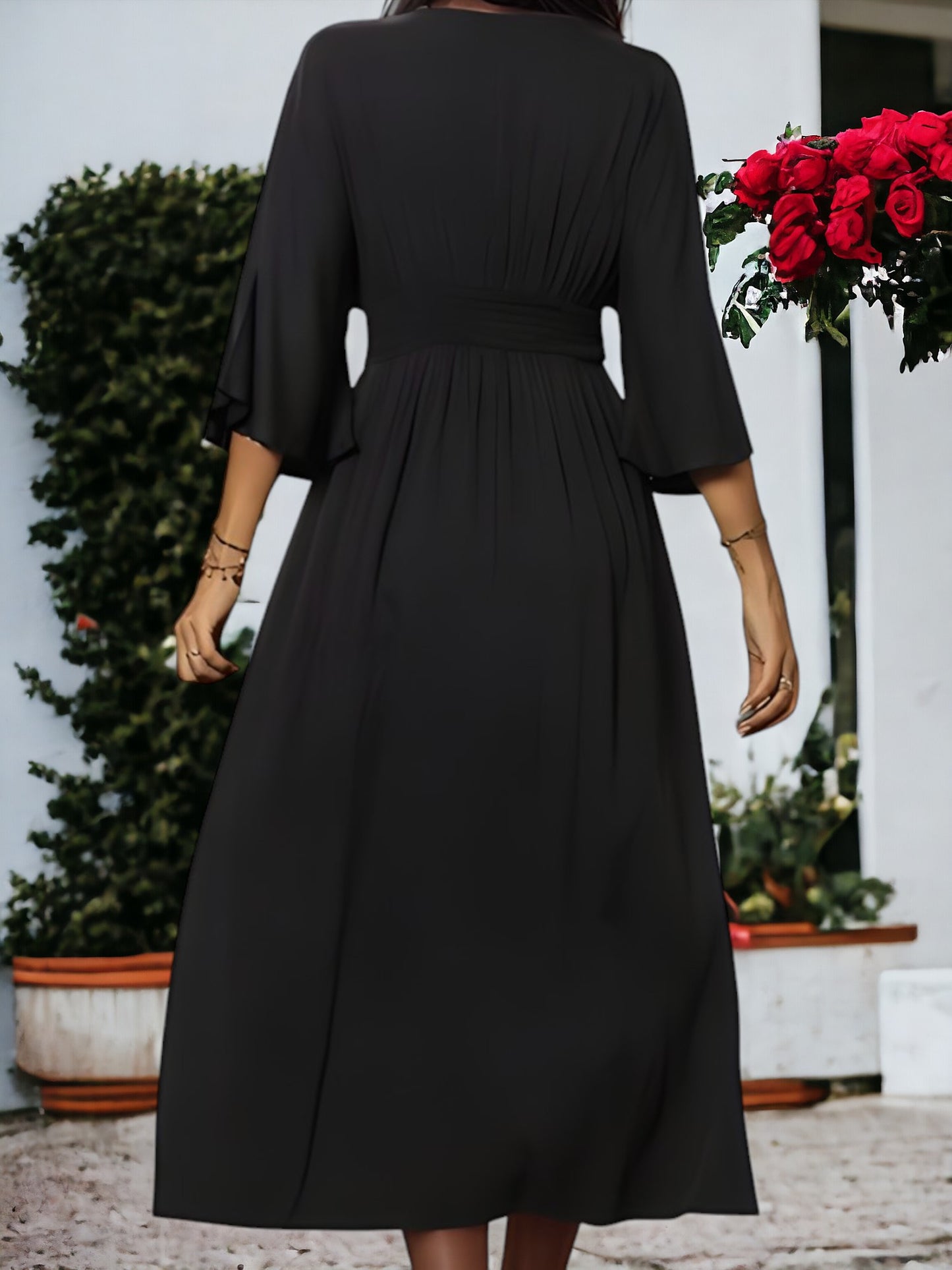 Mid-Sleeve V-neck Slit Dress