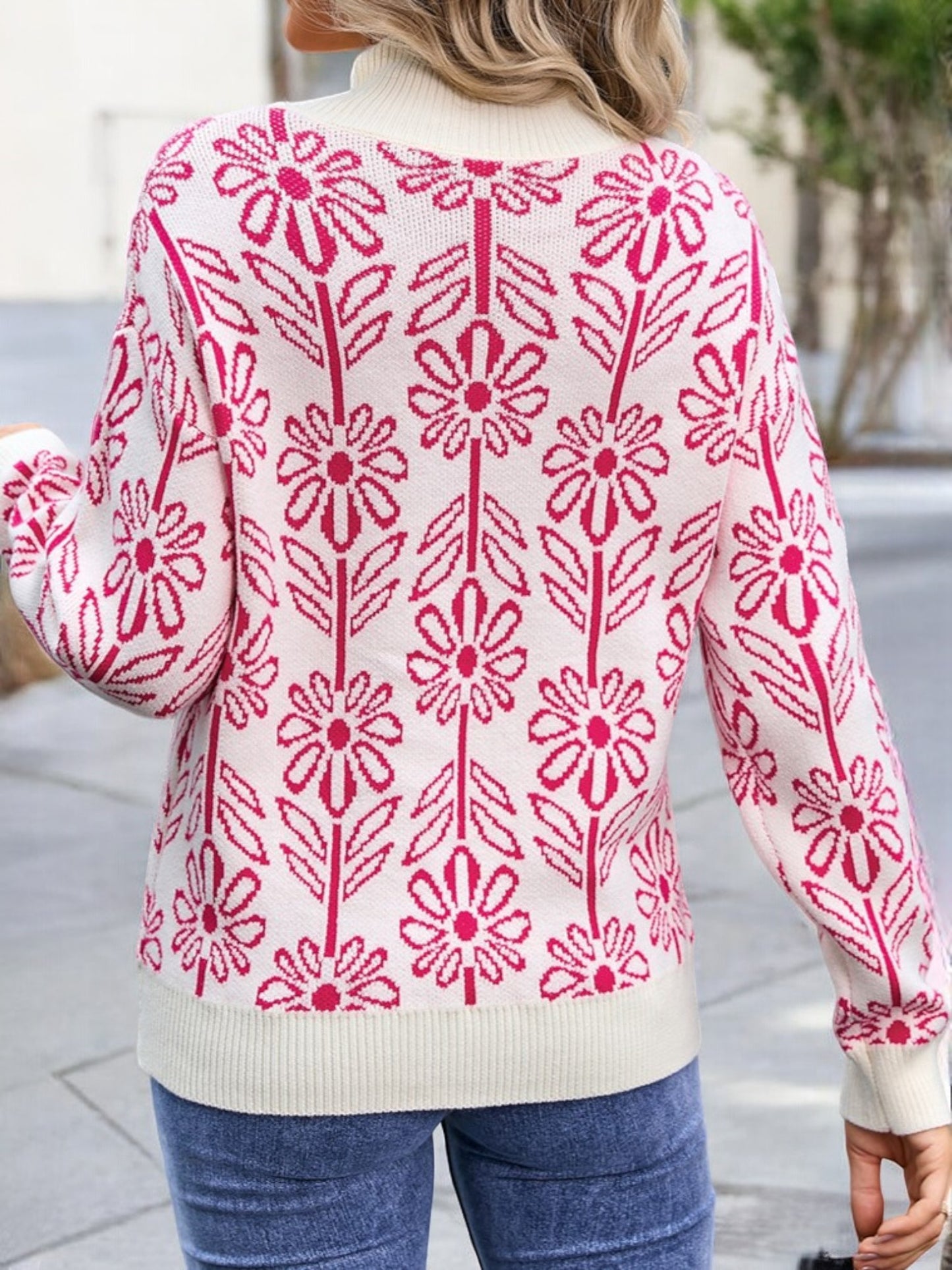 Anna-Kaci Women's Mock Neck Long Sleeve Floral Pattern Knit Sweater