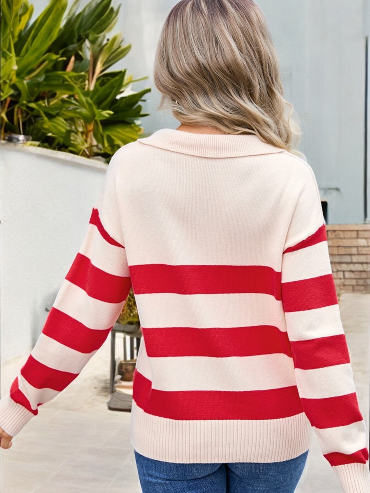 Anna-Kaci Women's Long Sleeve Striped Pullover Sweater with Collar Detail