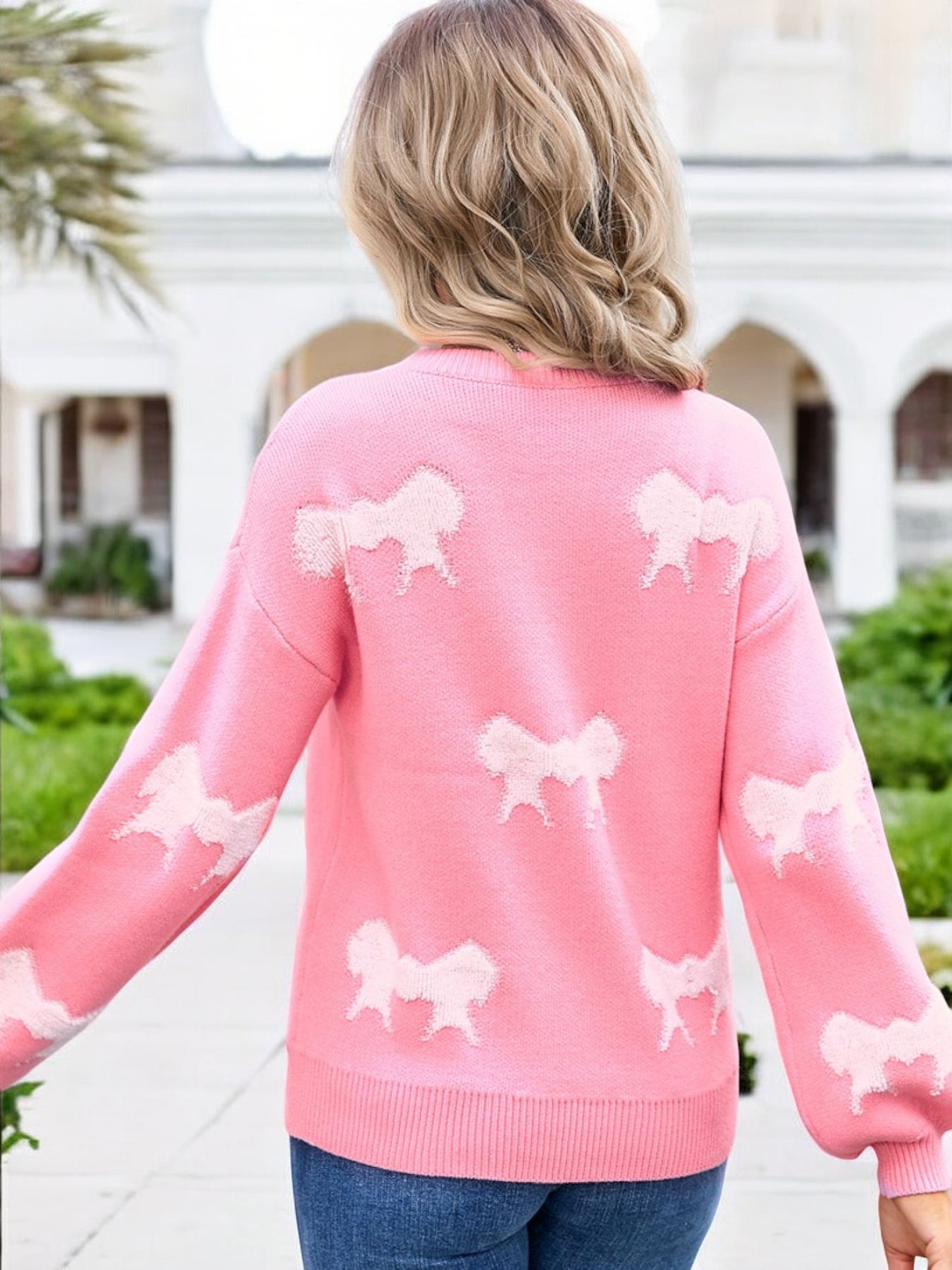 Anna-Kaci Women's Long Sleeve Crew Neck Sweater with Red Ribbon Pattern