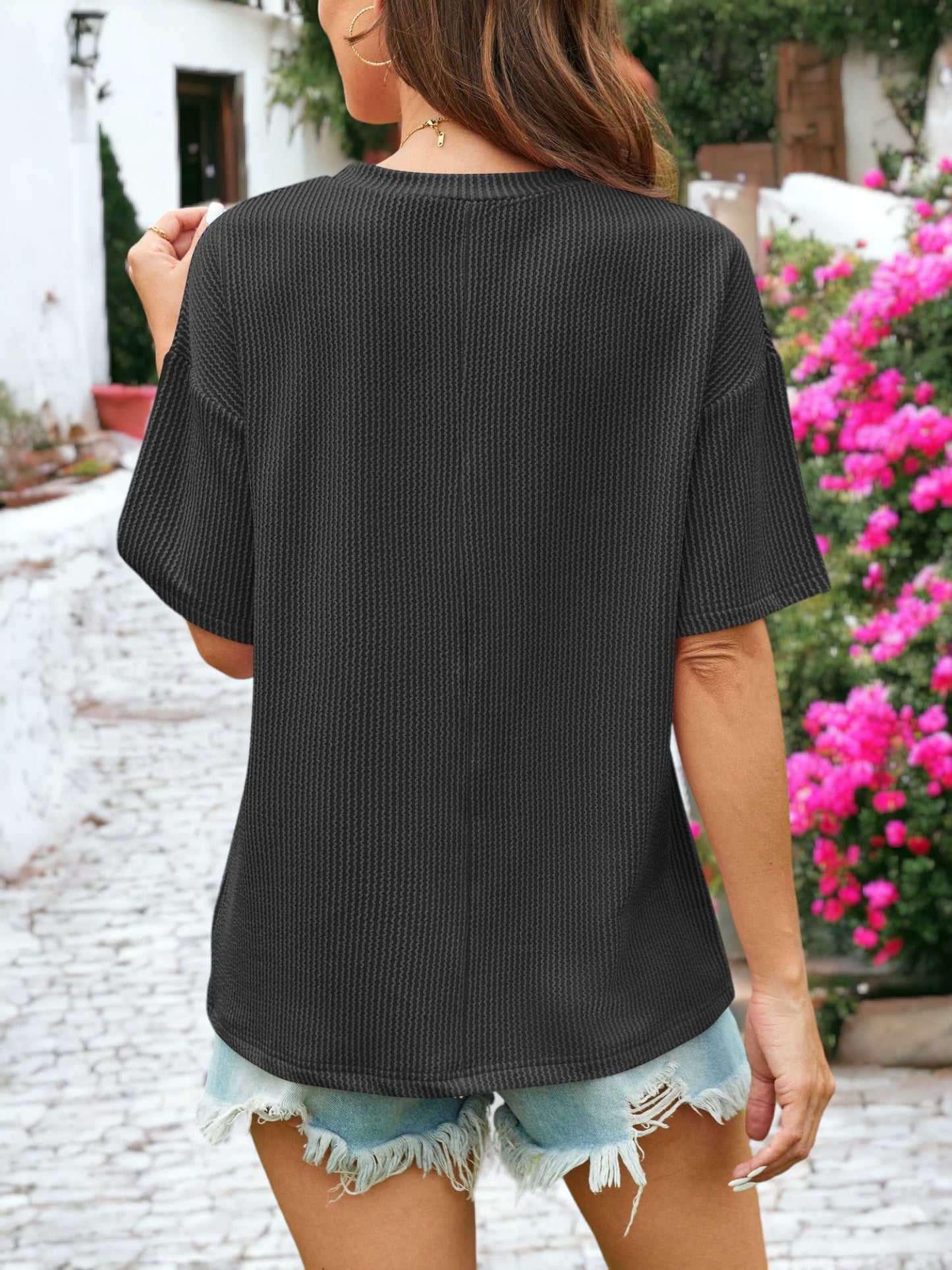 Rib Knit Textured Side Pocket Detailed T-Shirt Top