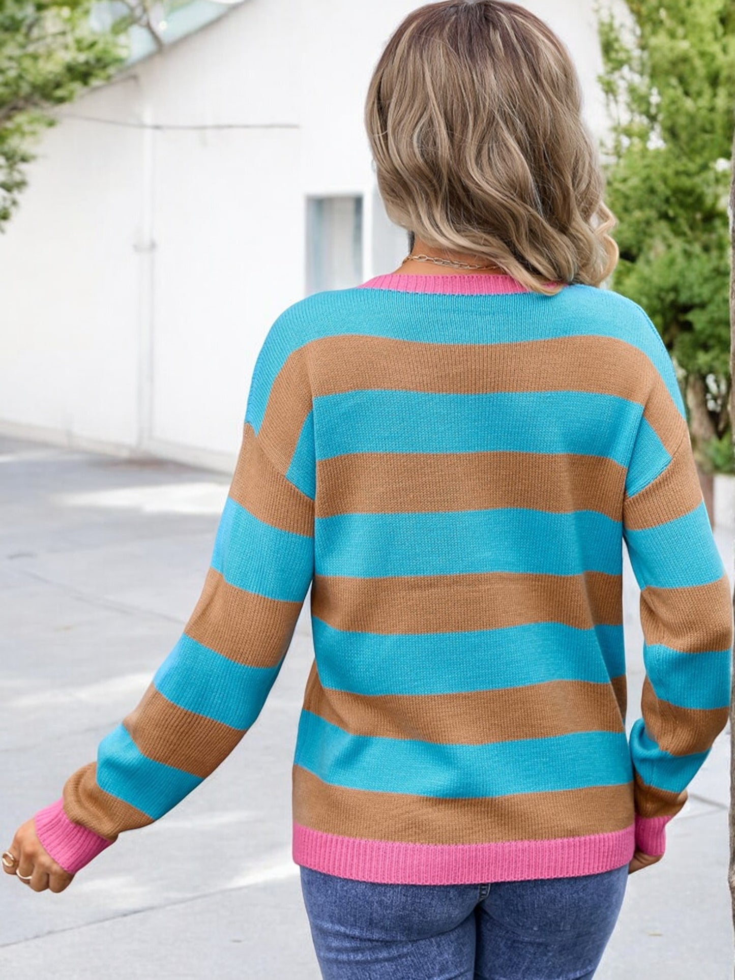 Anna-Kaci Women's Long Sleeve Striped Knit Sweater with Ribbed Cuffs and Hem