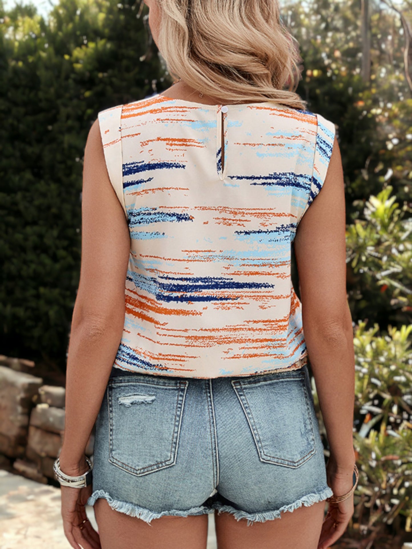 Color Printed Round Neck Sleeveless Ribbon Strapped Blouse