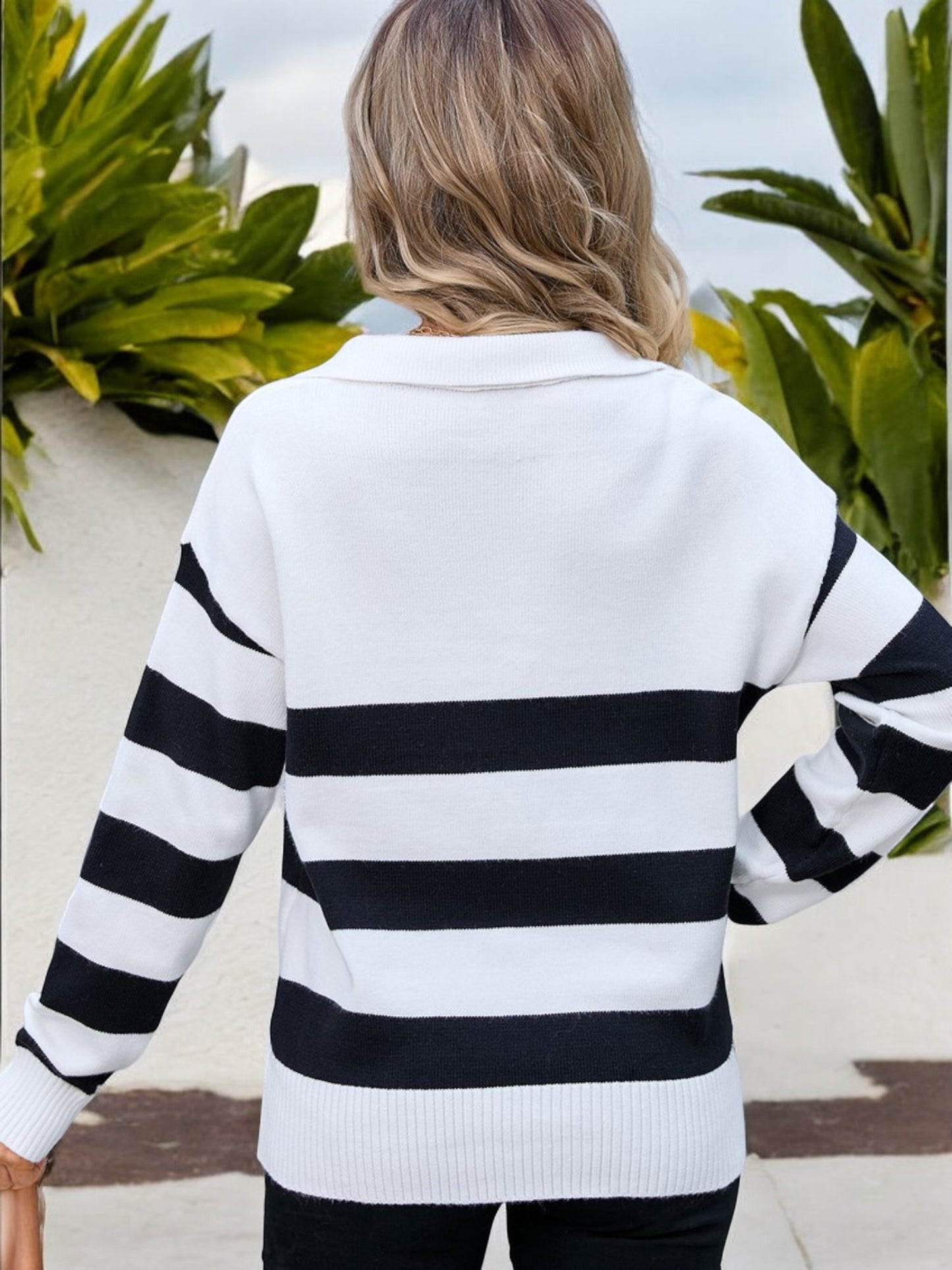 Anna-Kaci Women's Long Sleeve Striped Pullover Sweater with Collar Detail
