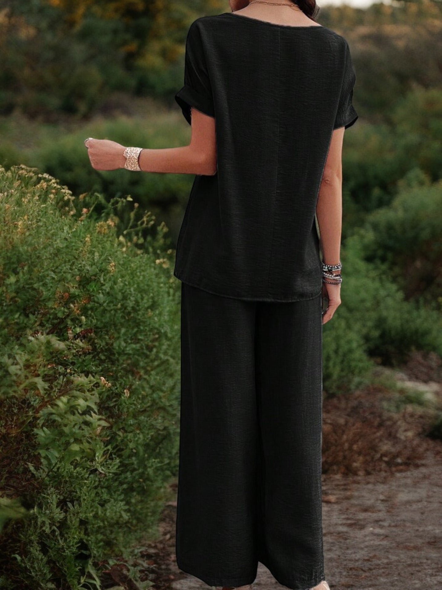 Conjunto de dos piezas para mujer Anna-Kaci con top con detalle bordado y pantalones de pierna ancha