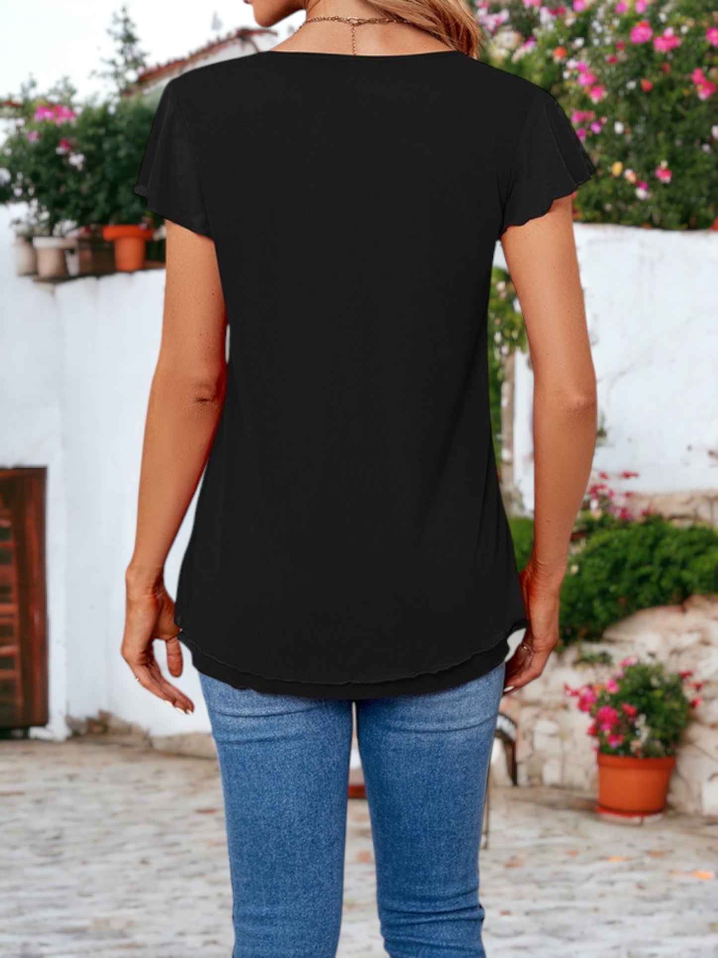 V-Neck Flutter Sleeved Two Layer Mesh Detail Blouse