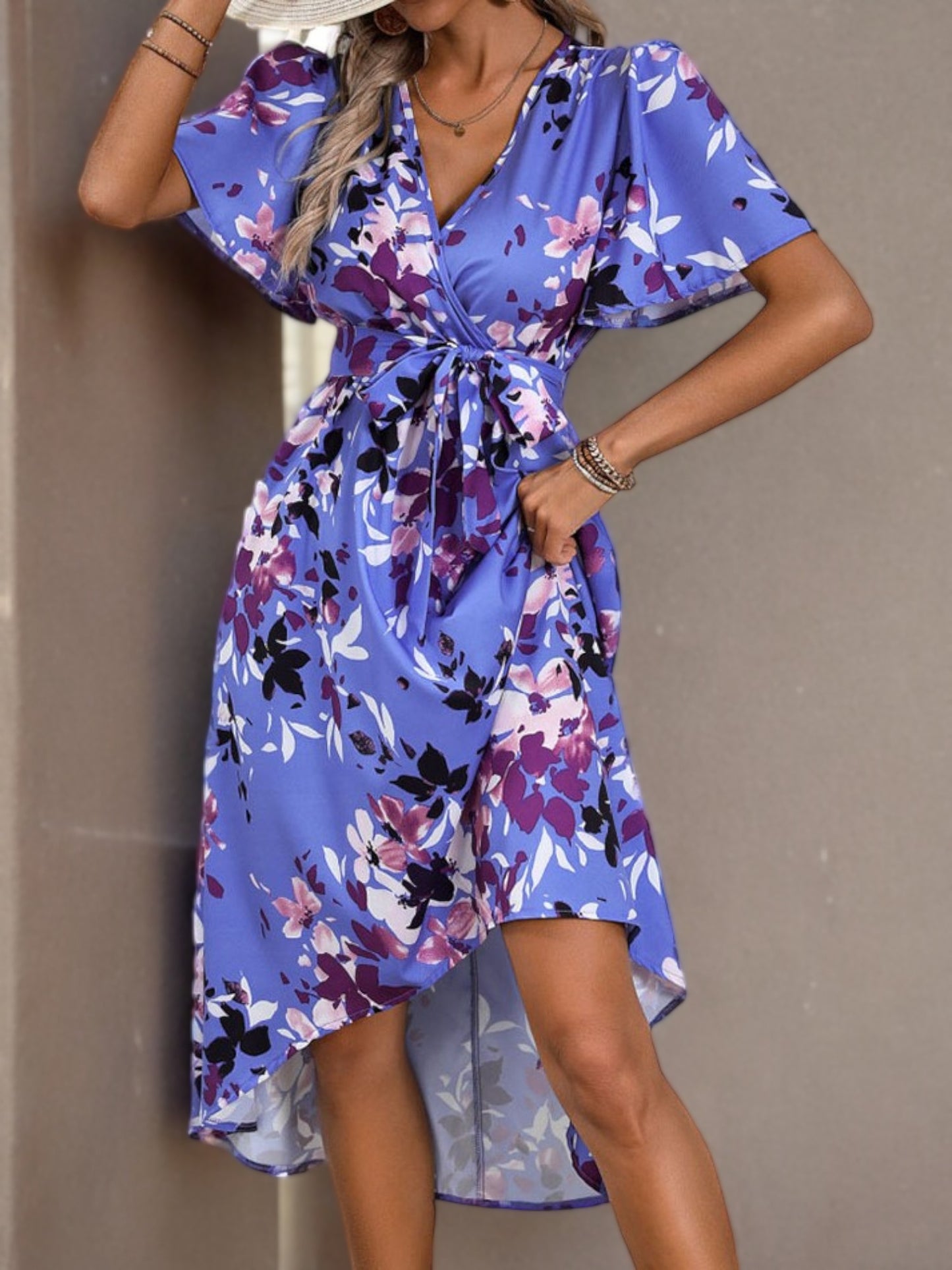 V-Neck Floral Wrap Dress with Short Sleeves and Asymmetrical Hem