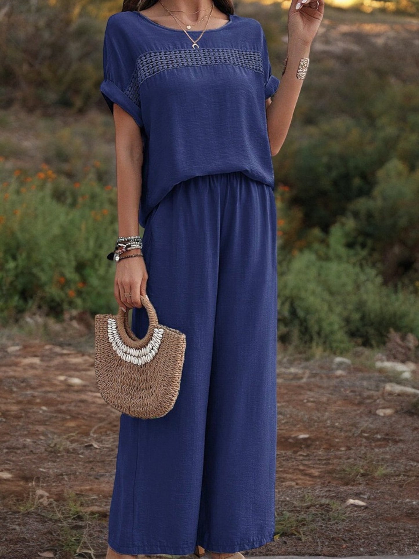 Conjunto de dos piezas para mujer Anna-Kaci con top con detalle bordado y pantalones de pierna ancha