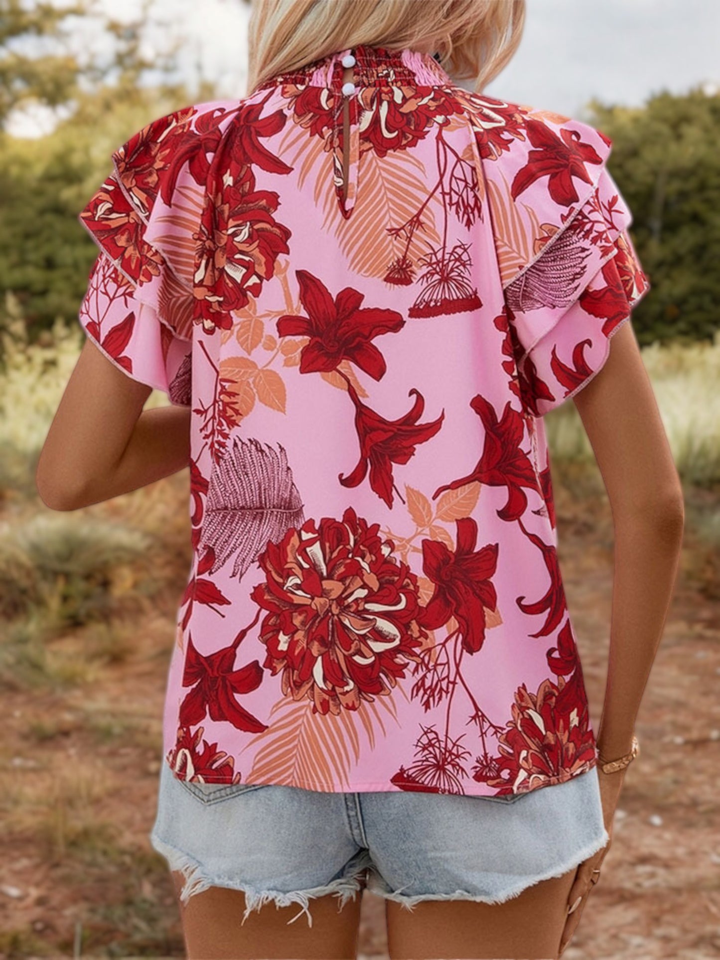 Flutter Sleeve Floral Blouse with Keyhole Neck and Ruffle Detail