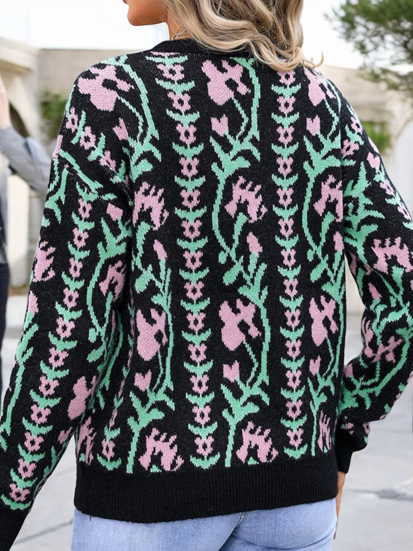 Suéter de punto floral con cuello redondo y mangas largas para mujer de Anna-Kaci