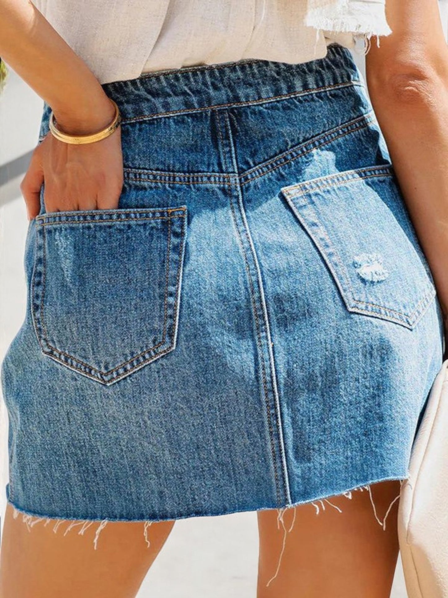 Anna-Kaci Women's Distressed Denim Skirt with Button Front and Frayed Hem