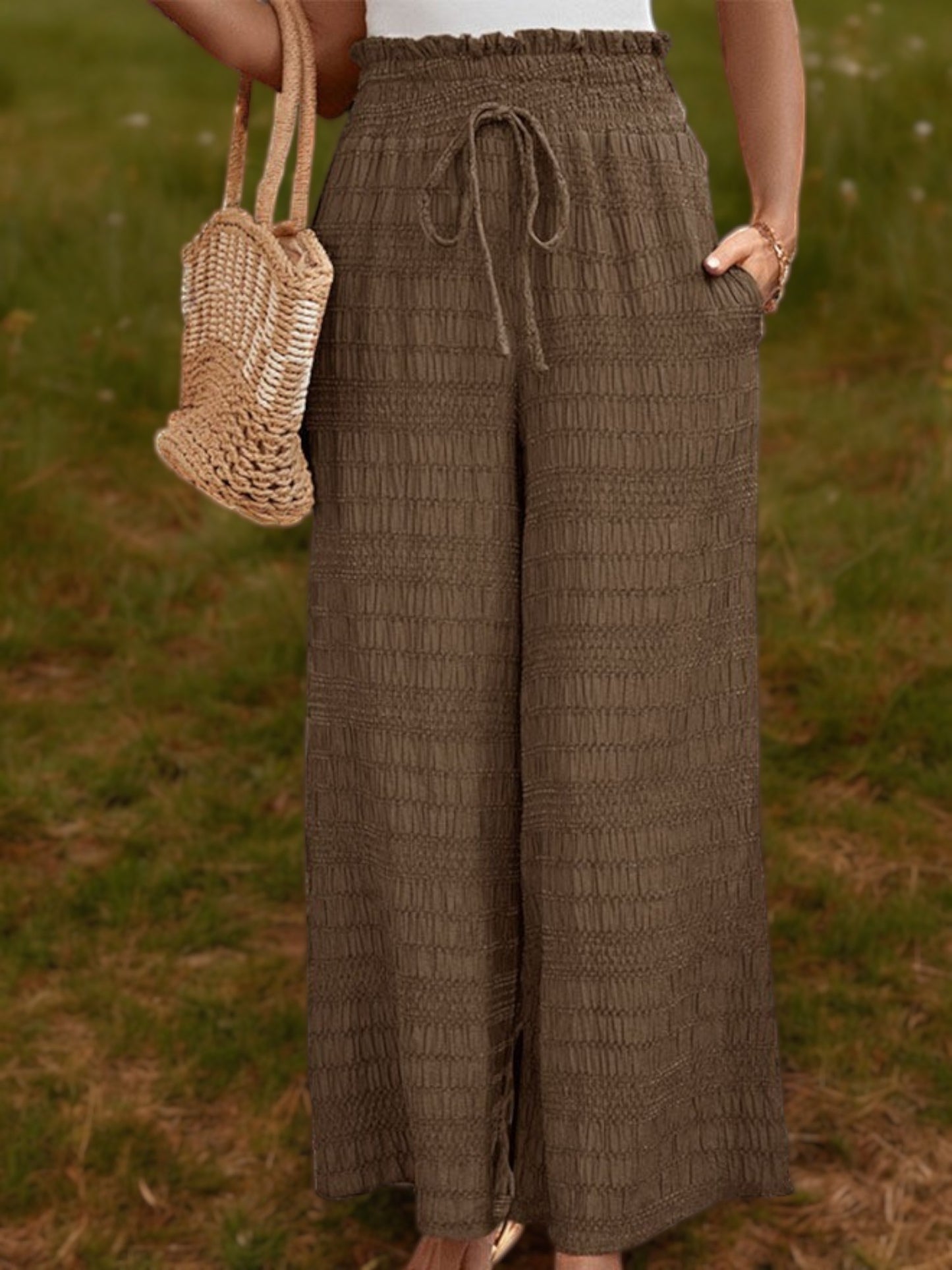 Pantalones casuales de pierna ancha y cintura alta con frunces para mujer de Anna-Kaci