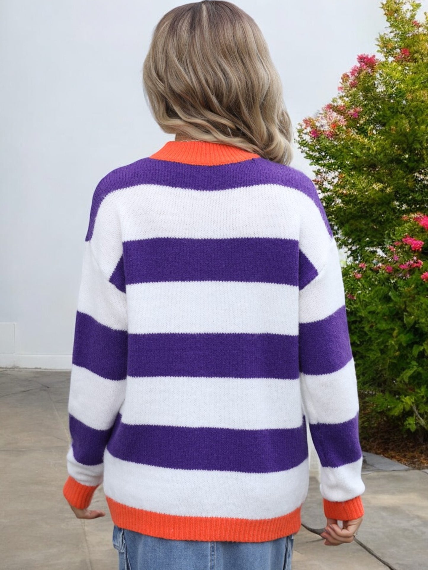 Anna-Kaci Women's Long Sleeve Striped Crew Neck Sweater with Color Block Accents