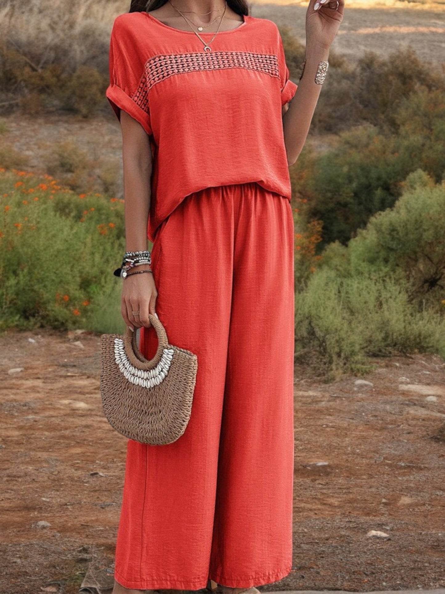 Conjunto de dos piezas para mujer Anna-Kaci con top con detalle bordado y pantalones de pierna ancha