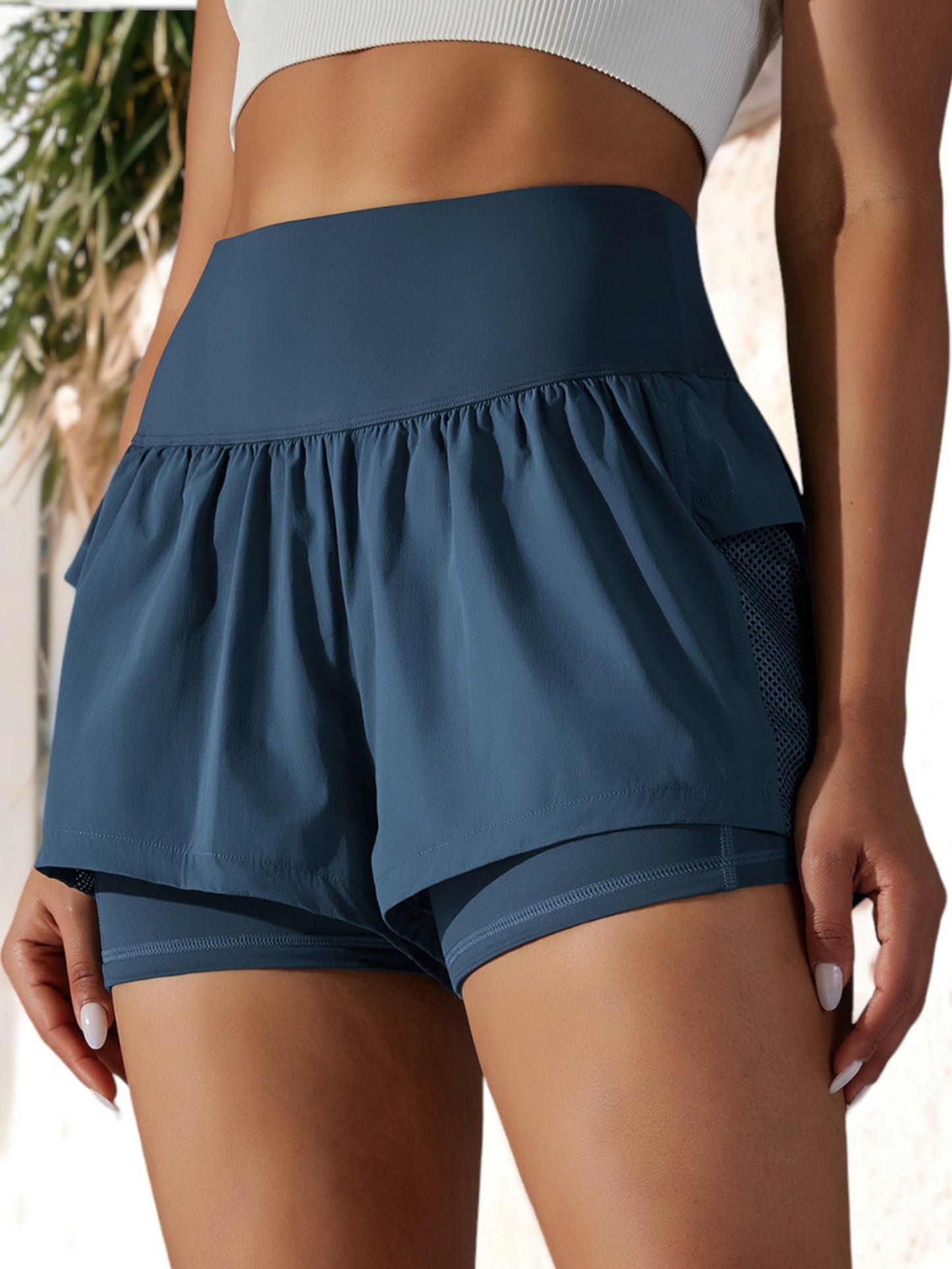 Mock 2-Piece Layered Breathable Mesh Cycling Active Shorts