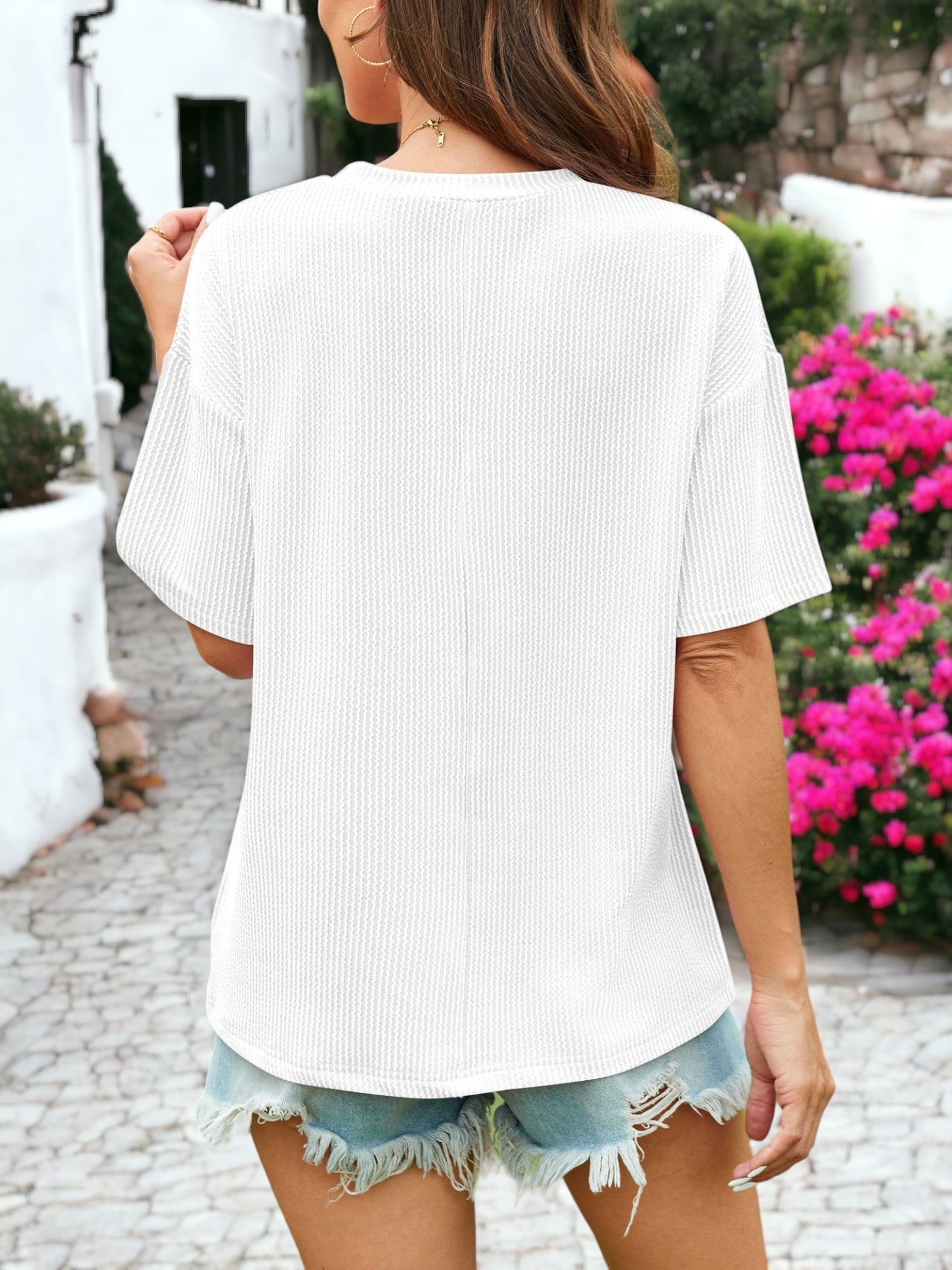 Rib Knit Textured Side Pocket Detailed T-Shirt Top