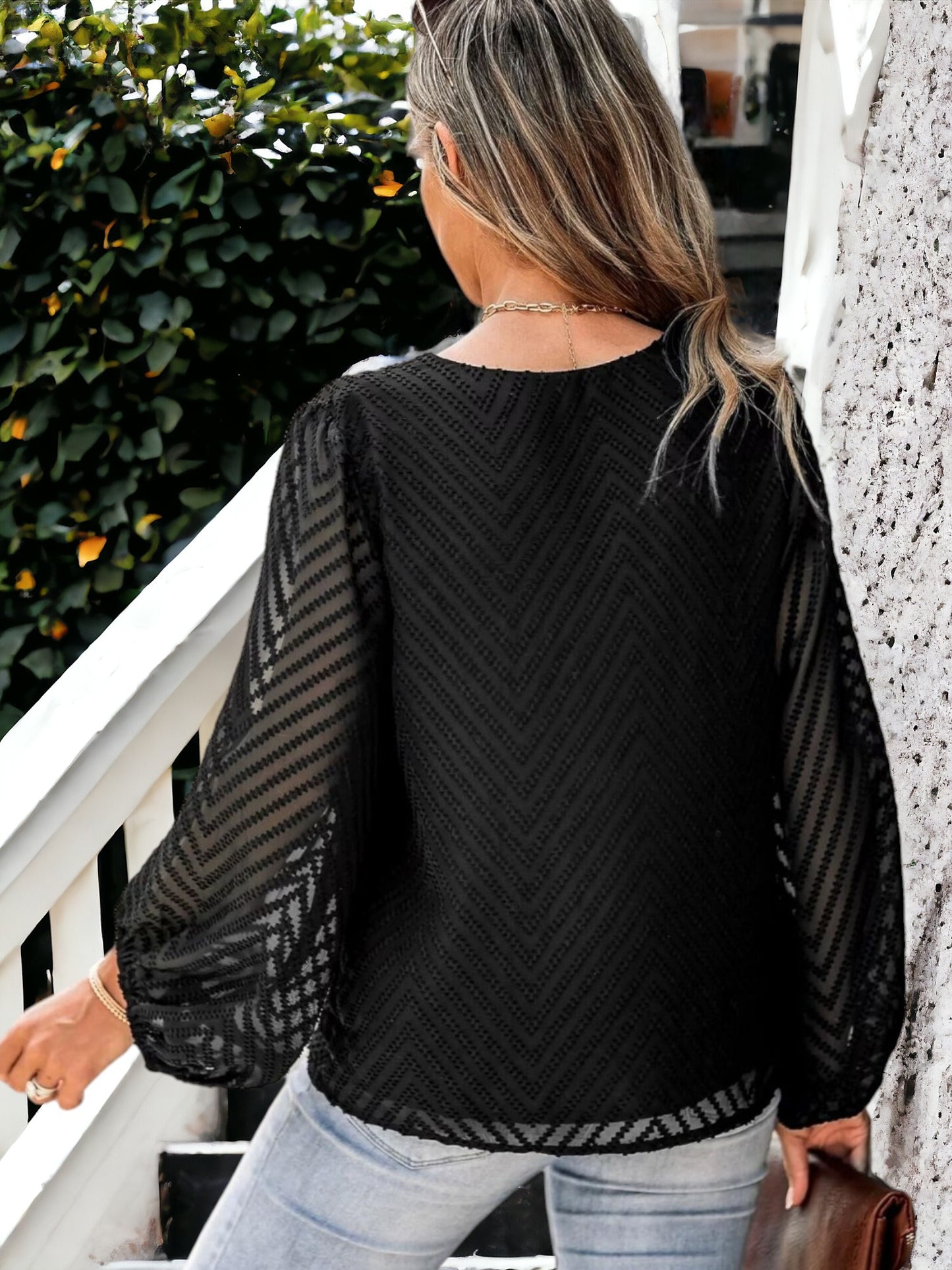 Blusa informal de manga larga con cuello en V y malla tipo farol