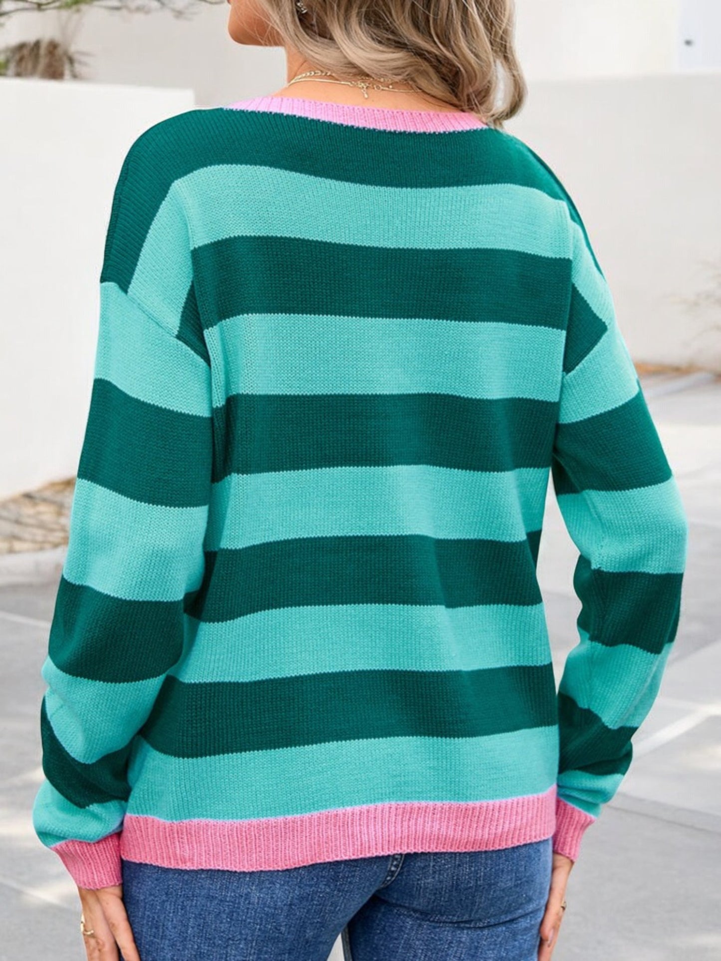 Anna-Kaci Women's Long Sleeve Striped Knit Sweater with Ribbed Cuffs and Hem