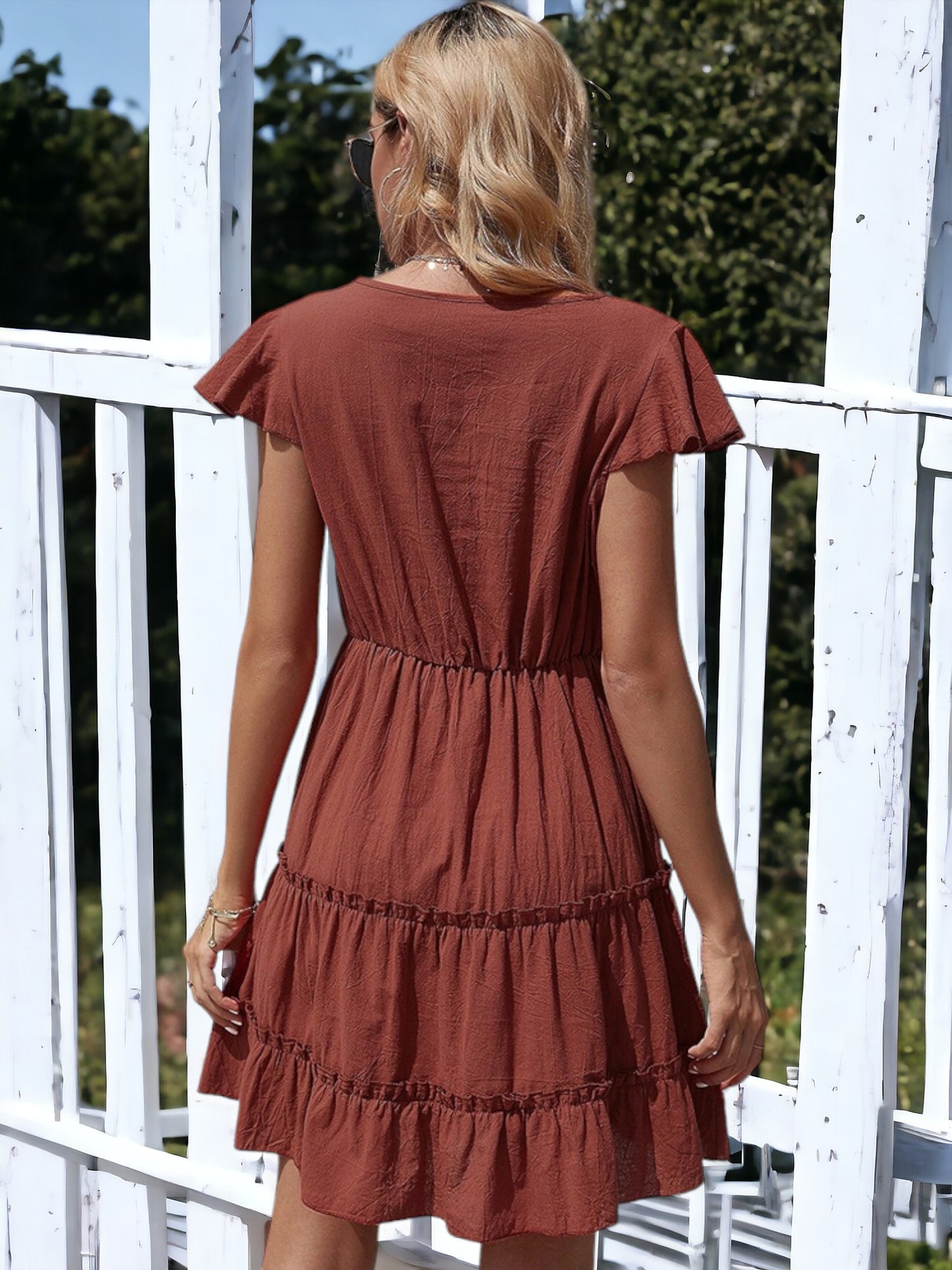 Flutter Sleeve Tiered Ruffle Dress