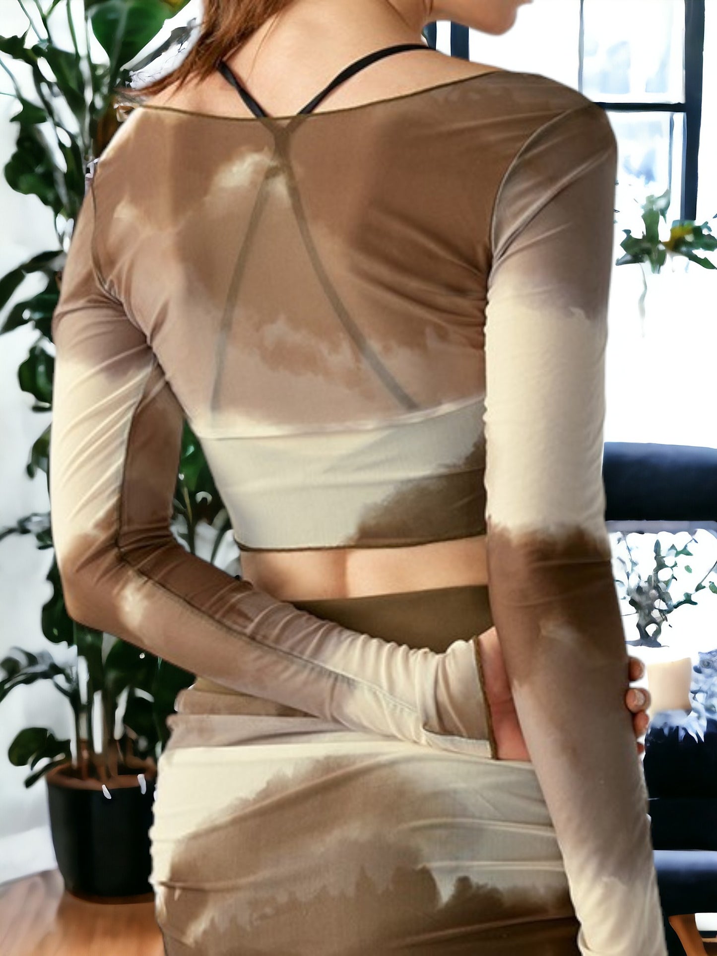 Top de fitness para yoga de malla ceñida con mangas largas y estampado