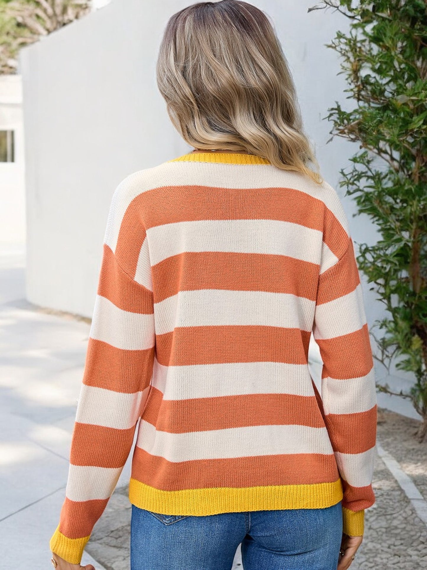 Anna-Kaci Women's Long Sleeve Striped Knit Sweater with Ribbed Cuffs and Hem