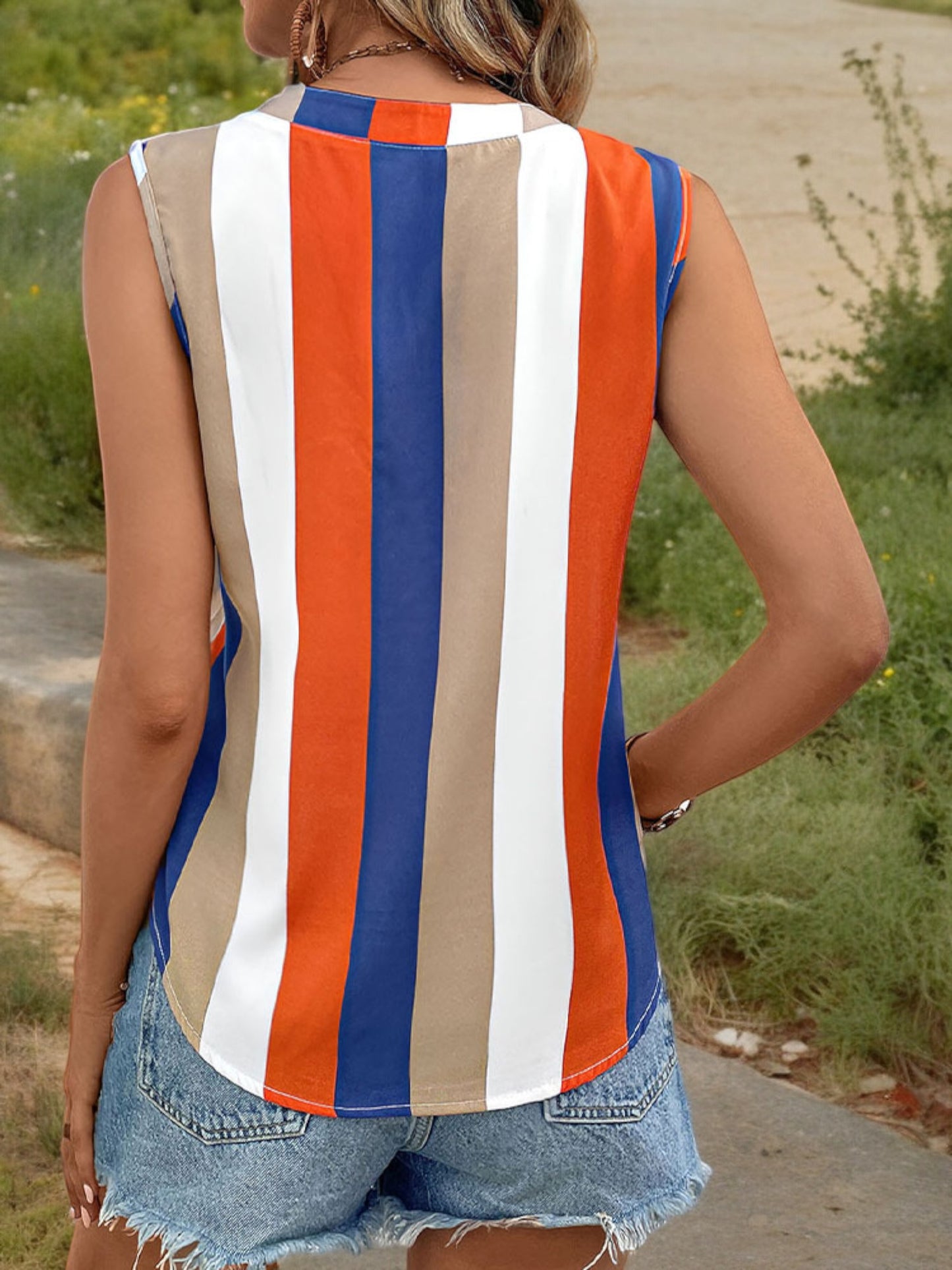 Sleeveless Striped V-Neck Blouse with Bold Color Blocking
